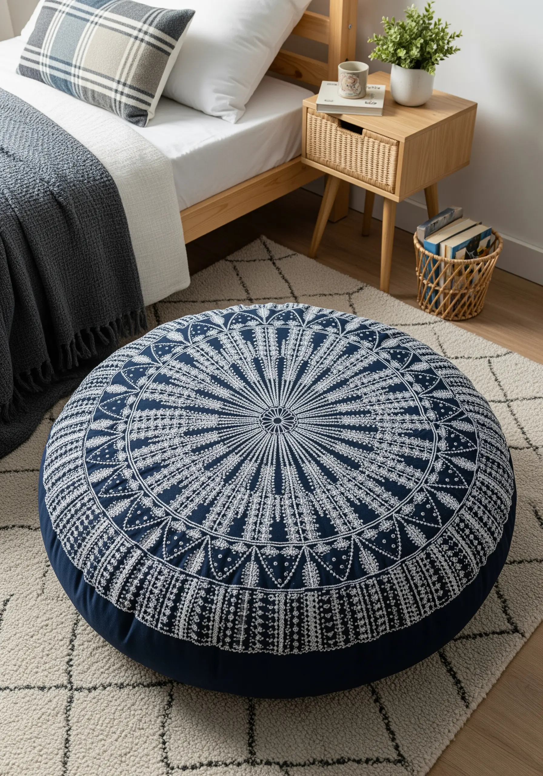 A large navy blue floor cushion with an intricate white embroidered mandala pattern.