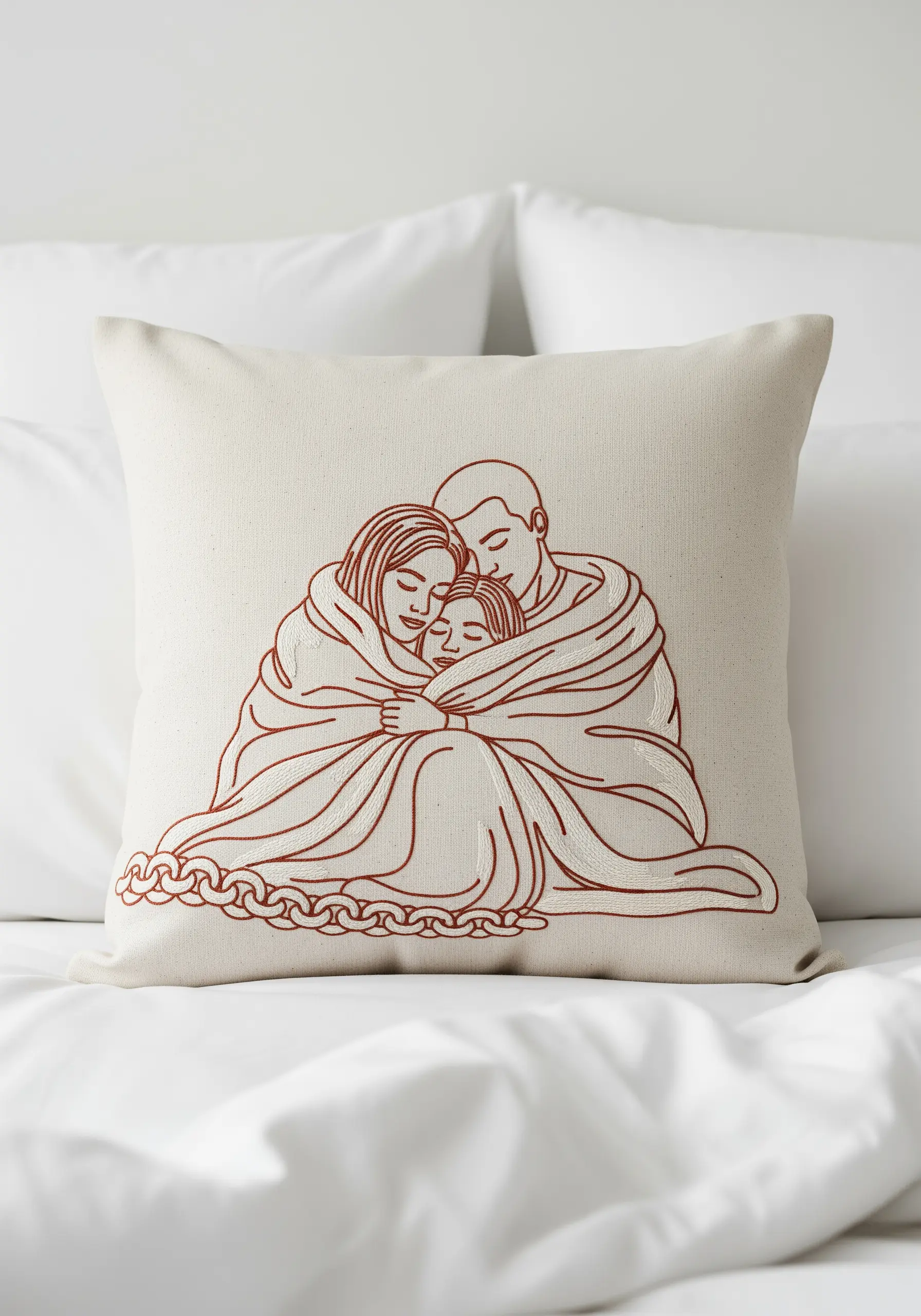Family hug line art stitched in rust-colored thread on a cream linen pillow cover.