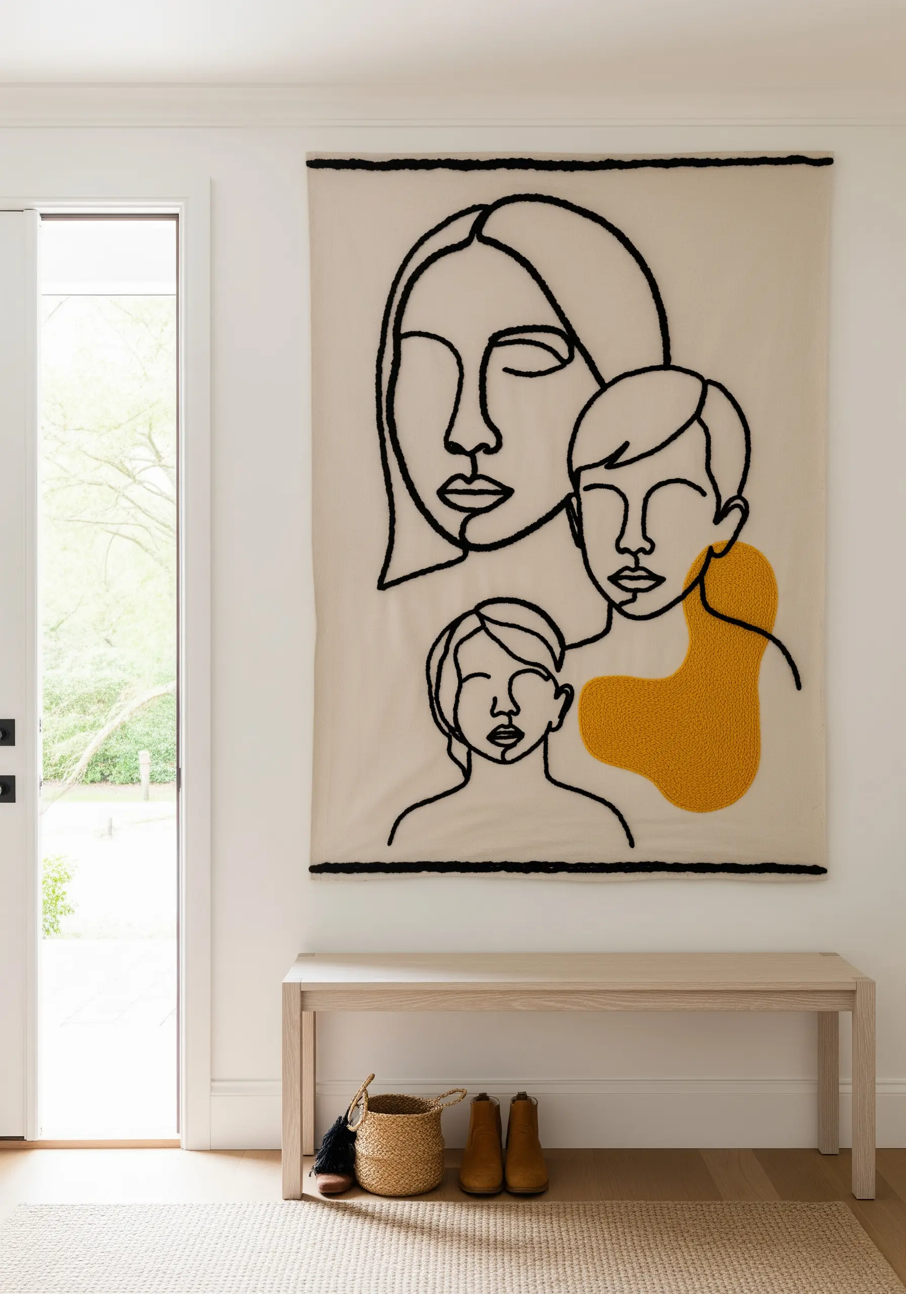 A large punch needle wall hanging of three abstract faces in black and yellow yarn.