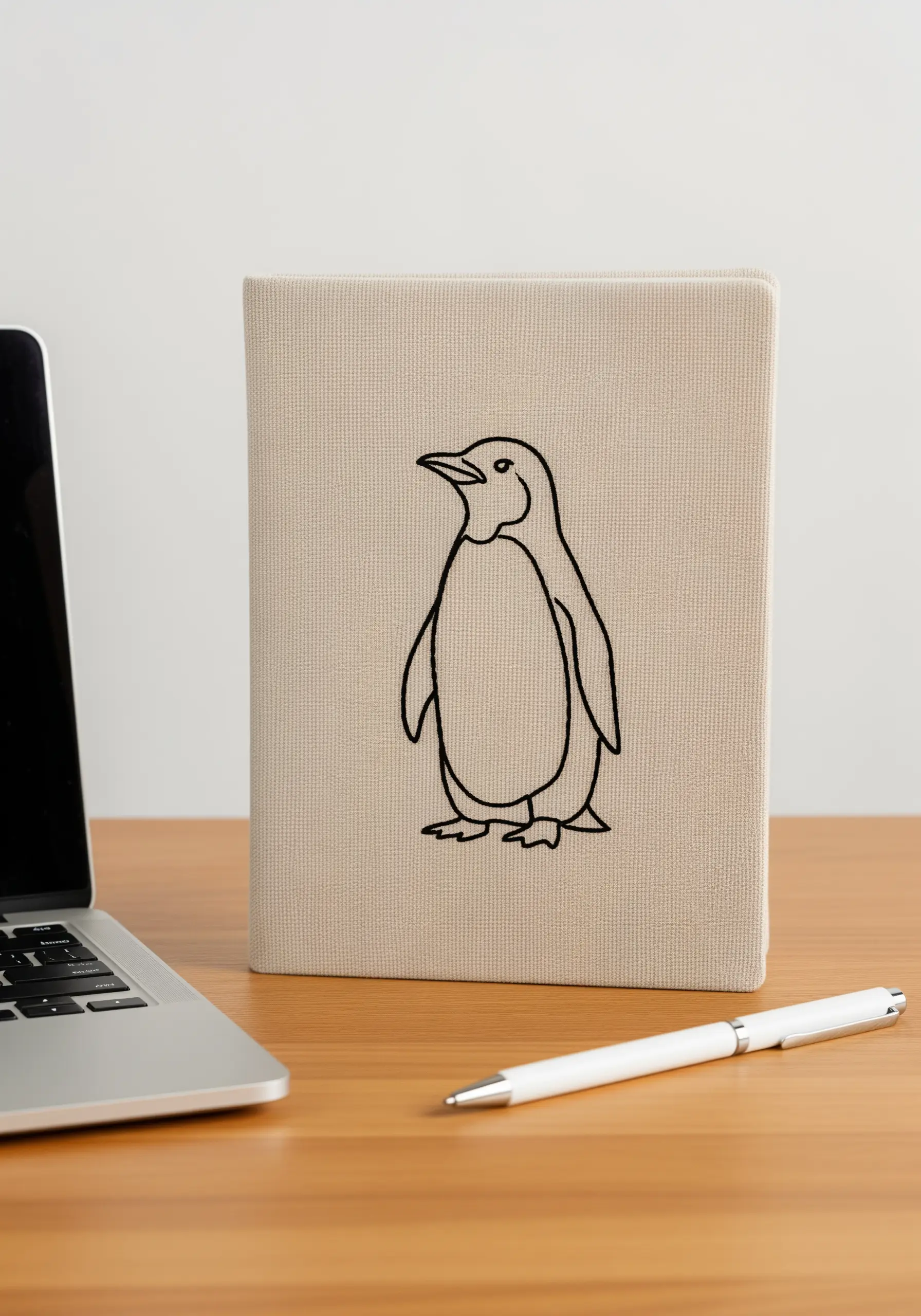 A simple line art penguin embroidered on a beige fabric-covered journal.