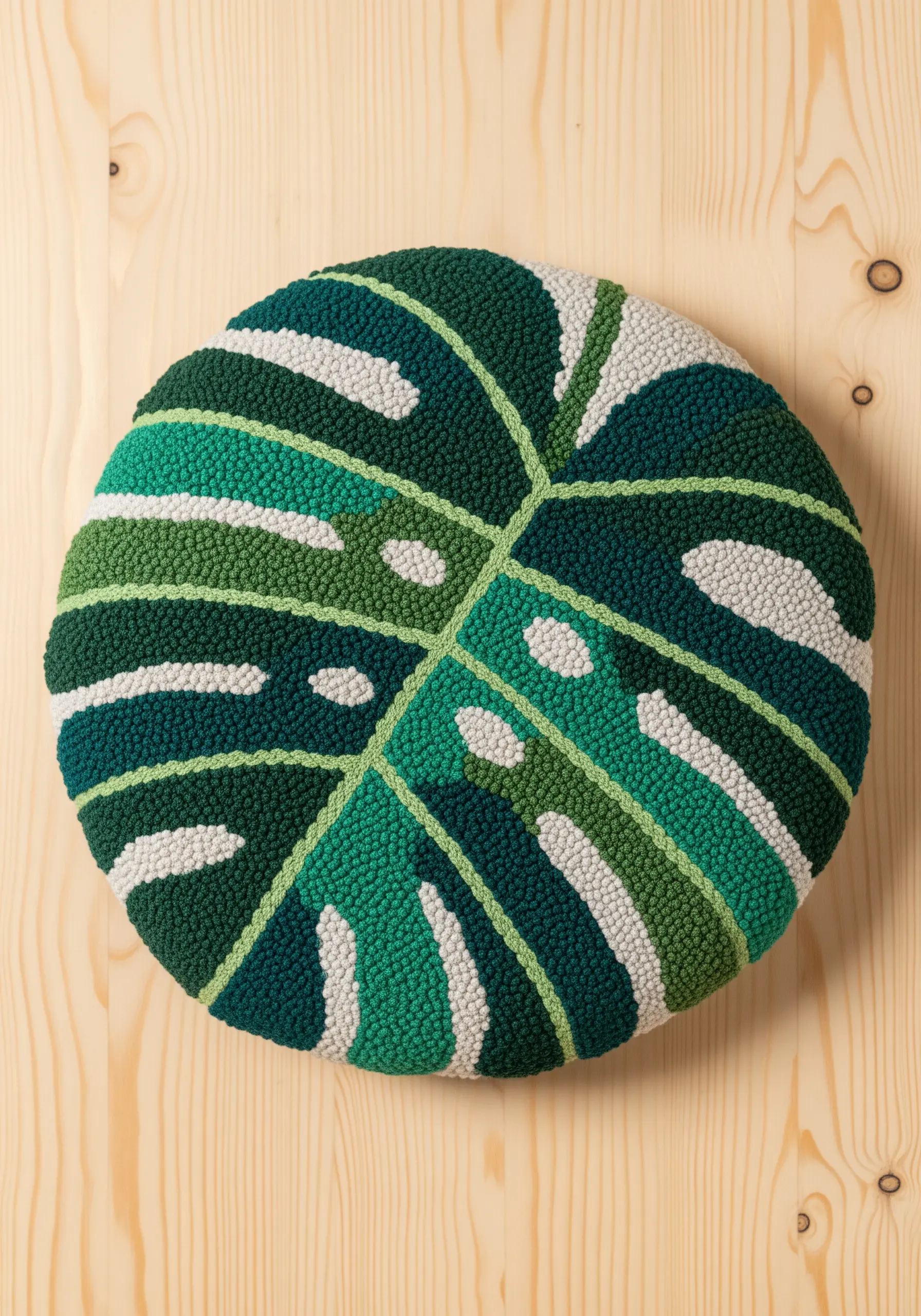 A round punch needle pillow designed to look like a green and white monstera leaf.