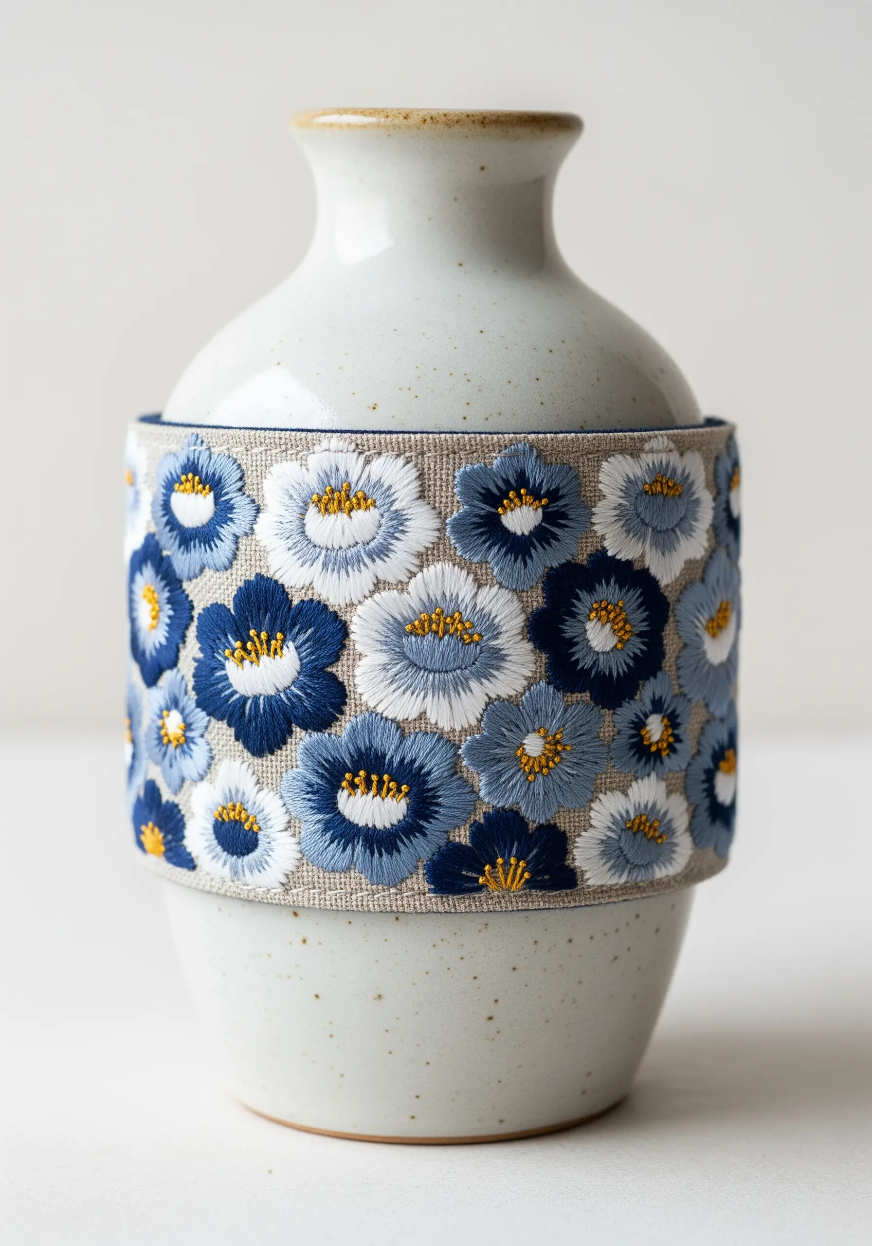 A collection of blue and white stylized flowers covering a linen vase sleeve.
