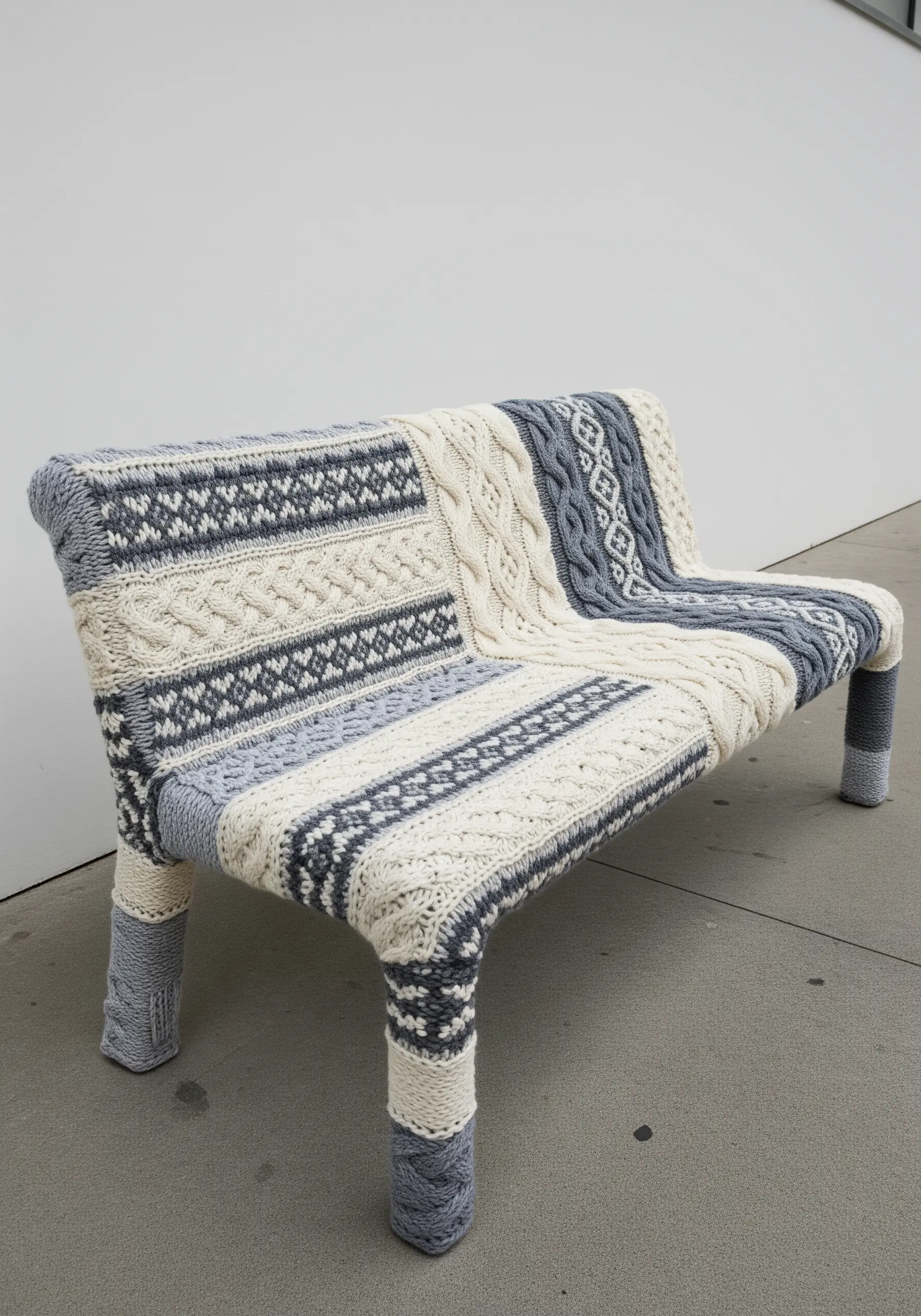A public bench completely covered in a patchwork of blue and white cable-knit patterns.