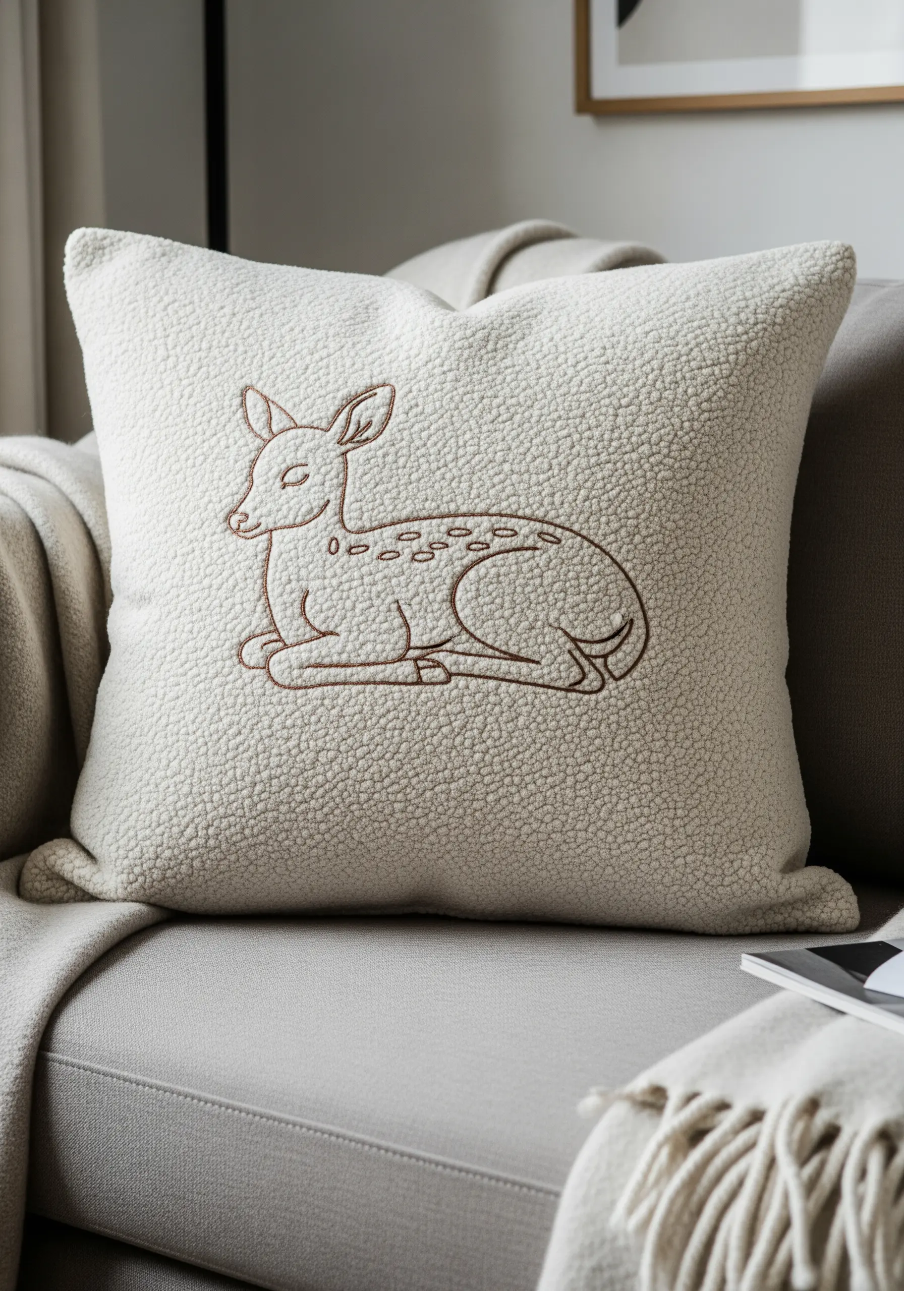 A simple line art fawn embroidered onto a cream-colored, high-pile boucle pillow.