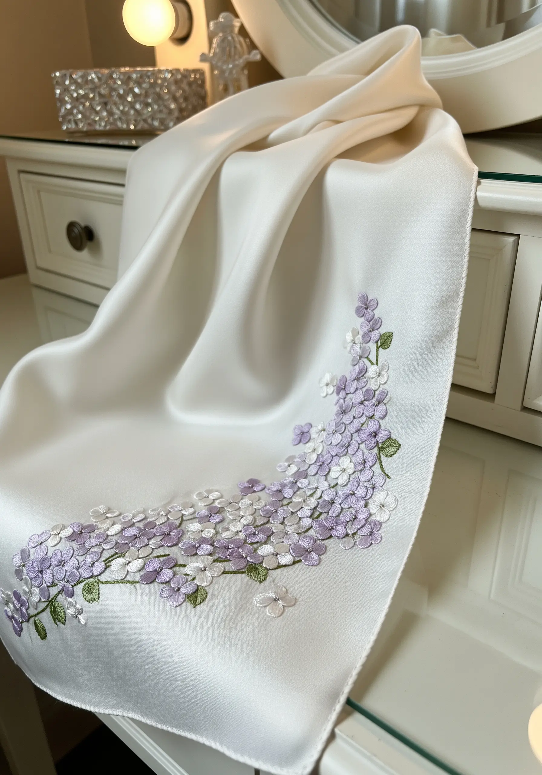 Delicate lavender and white hydrangeas stitched on the corner of a white silk scarf.
