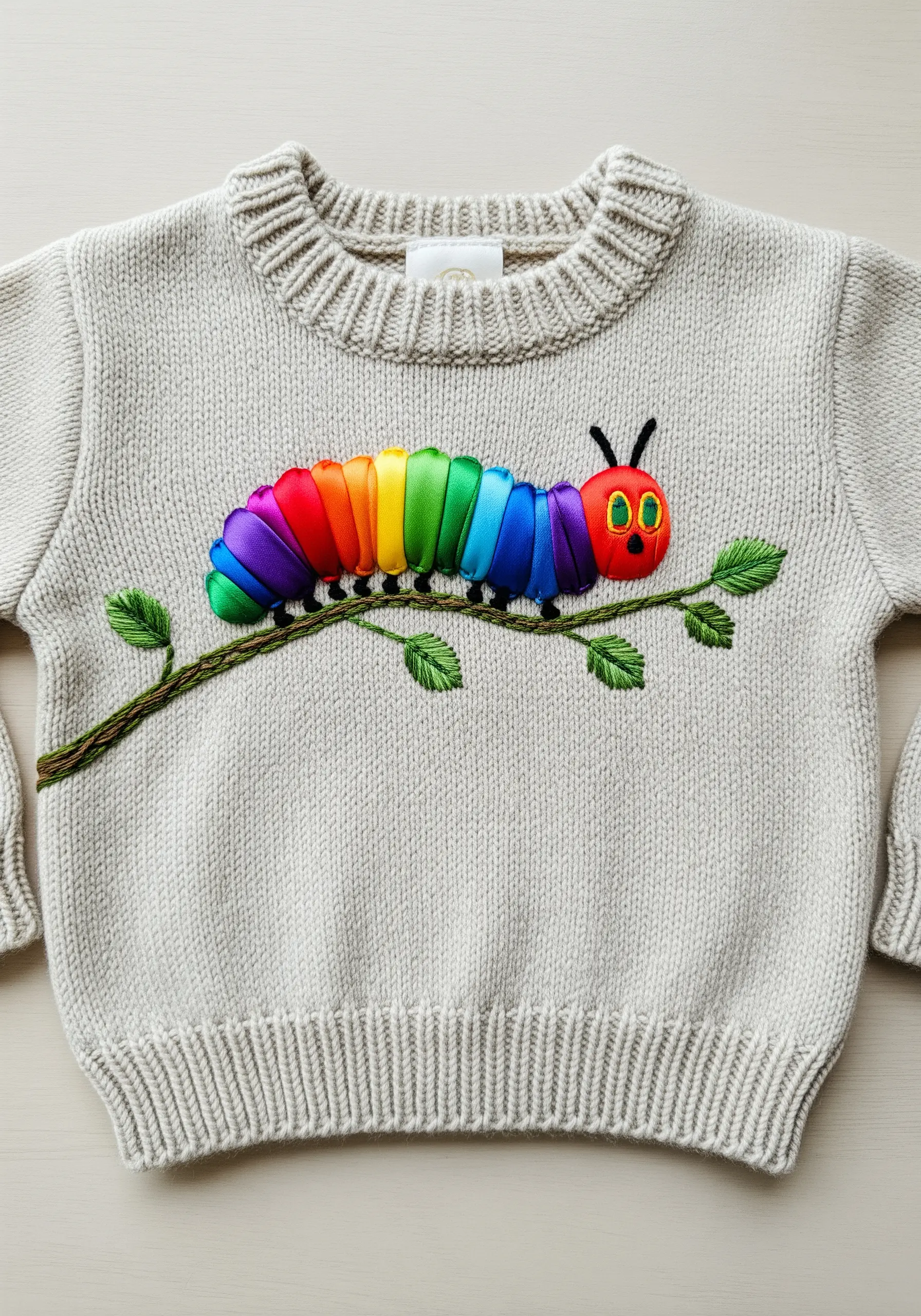Colorful caterpillar embroidered with padded satin stitch on a knitted child's sweater.