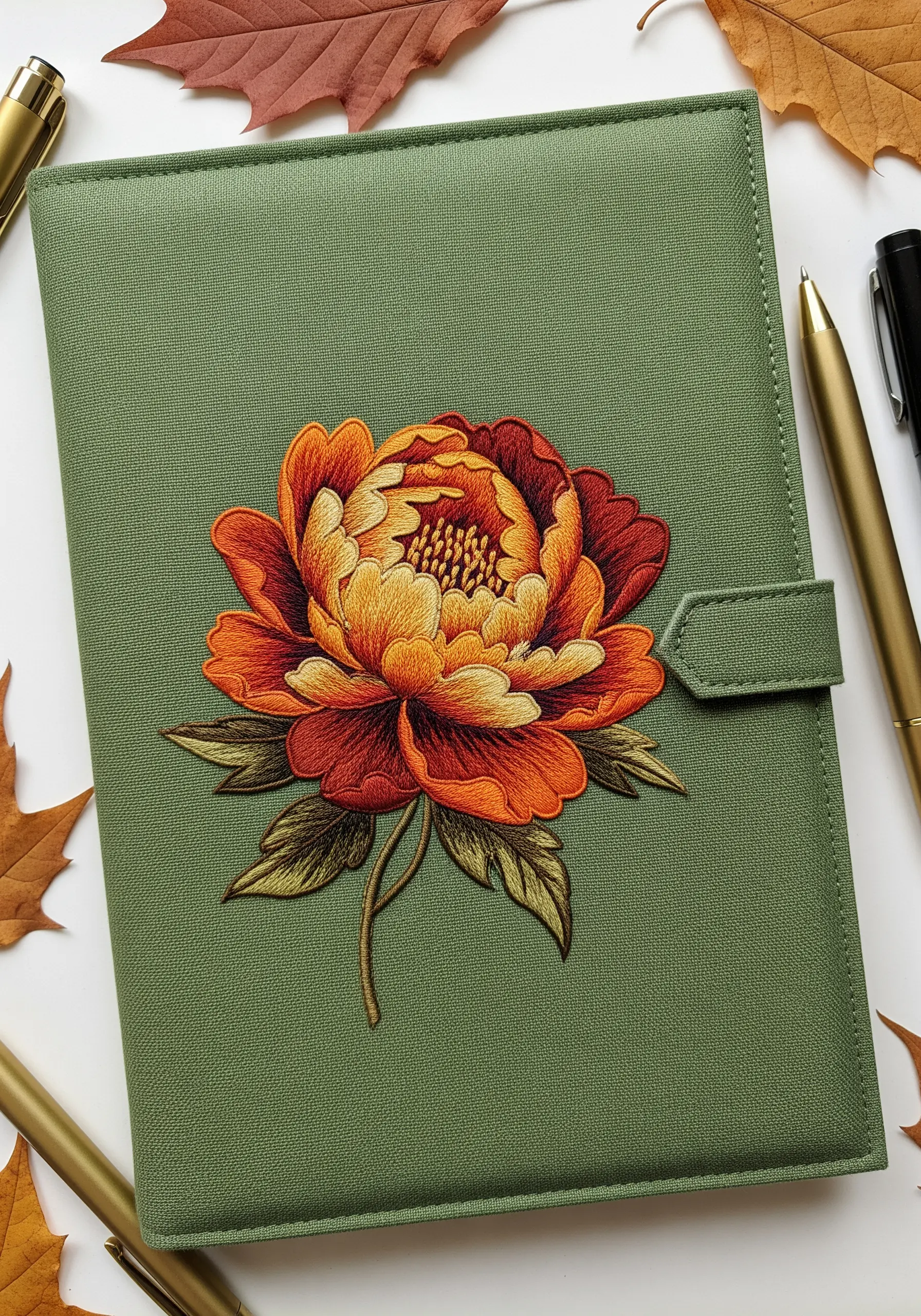 A vibrant red and orange peony embroidered directly onto a green journal cover.