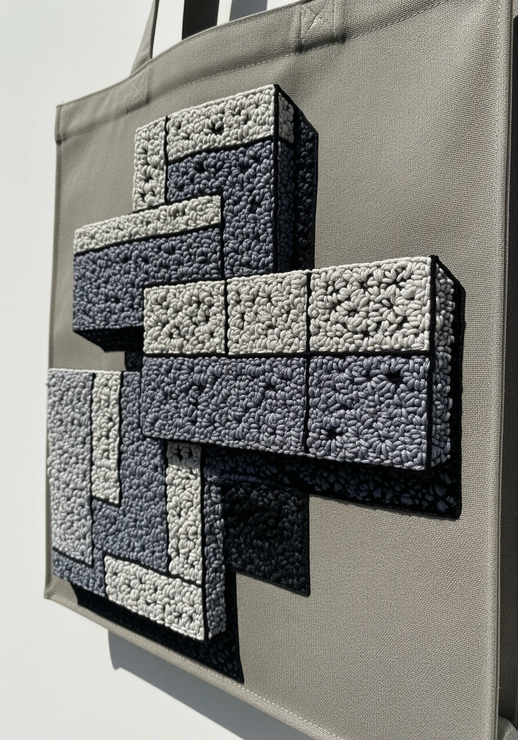 3D geometric structure made from grey and blue crocheted blocks appliquéd onto a tote bag.