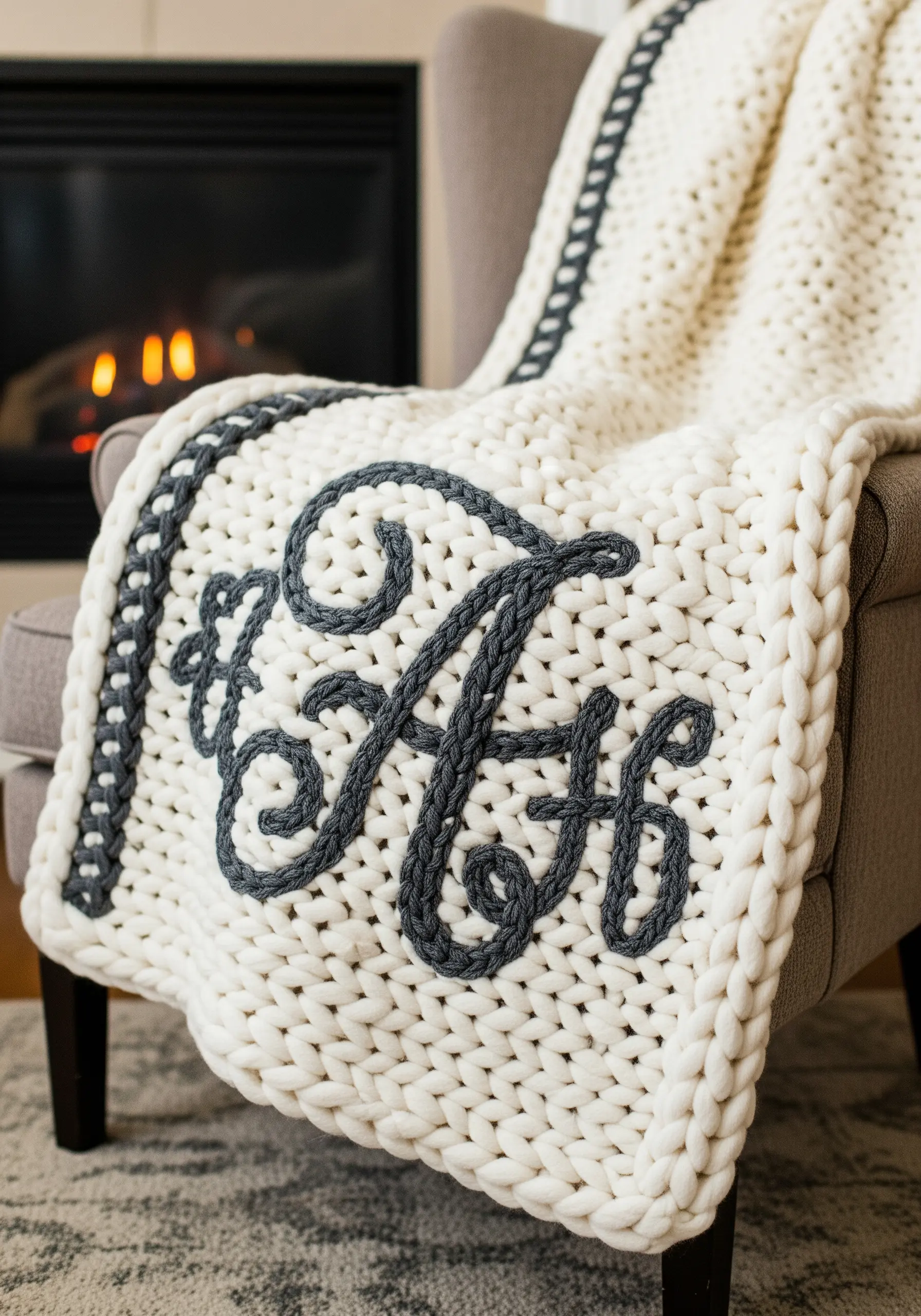 A chunky white knit blanket with a large, decorative 'A' monogram stitched in dark gray yarn.