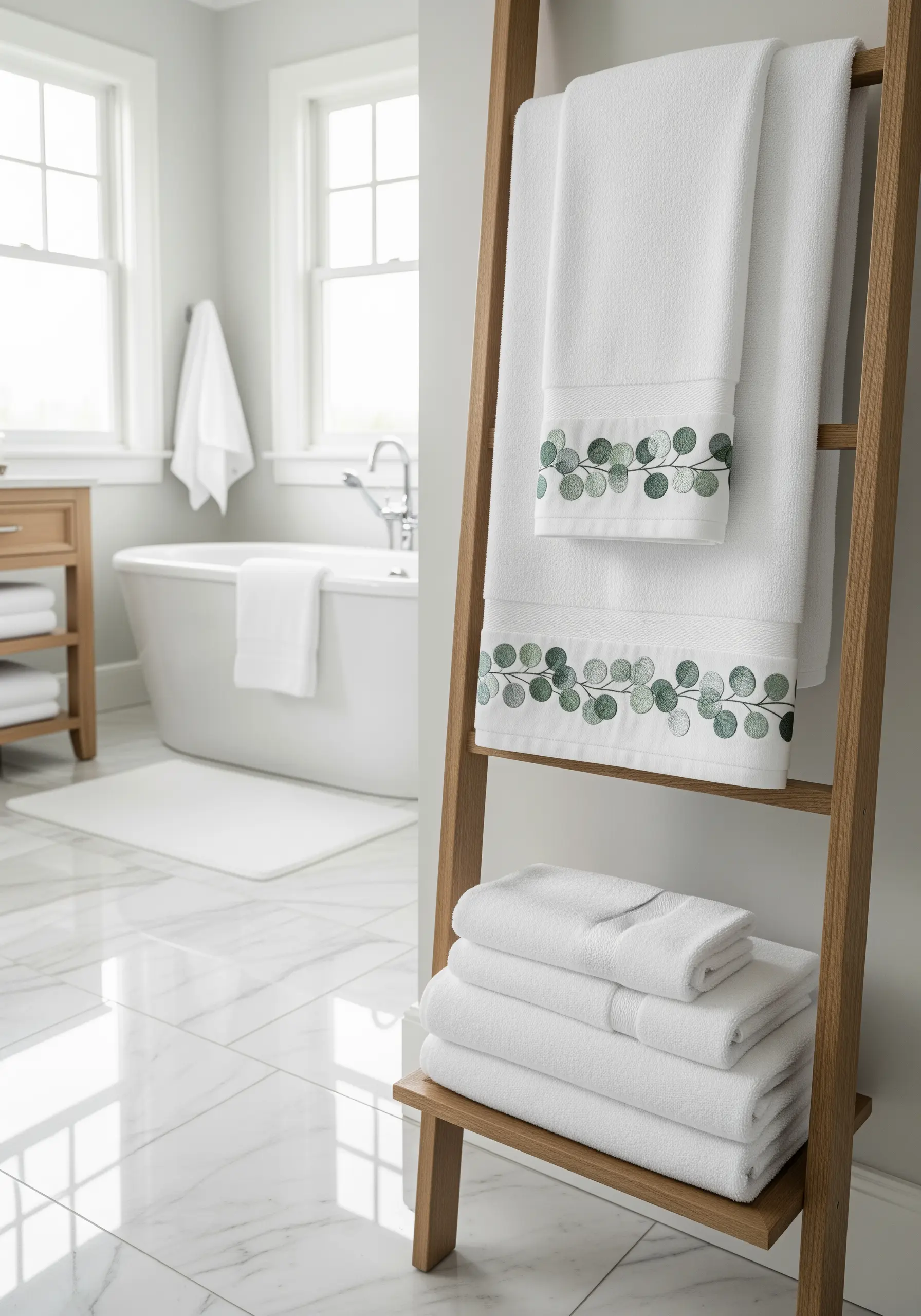 White towels with an embroidered border of green eucalyptus leaves using fishbone stitch.