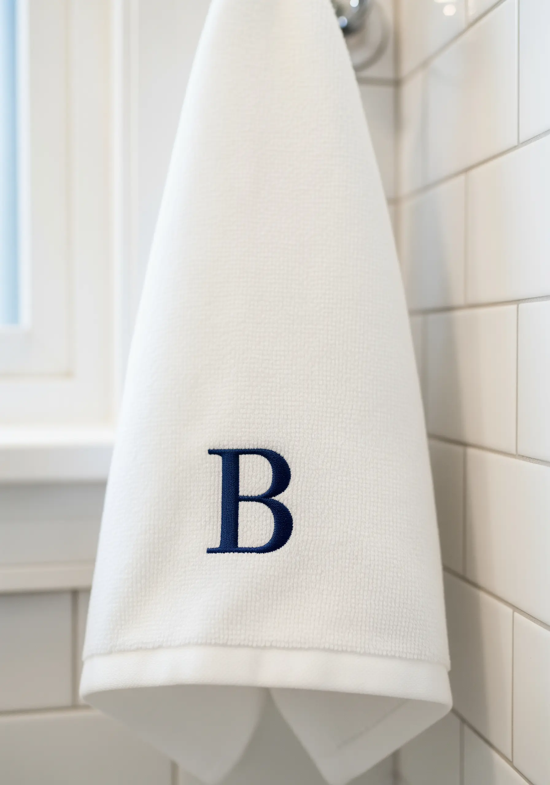 A crisp white hand towel with a professionally embroidered navy blue letter 'B'.