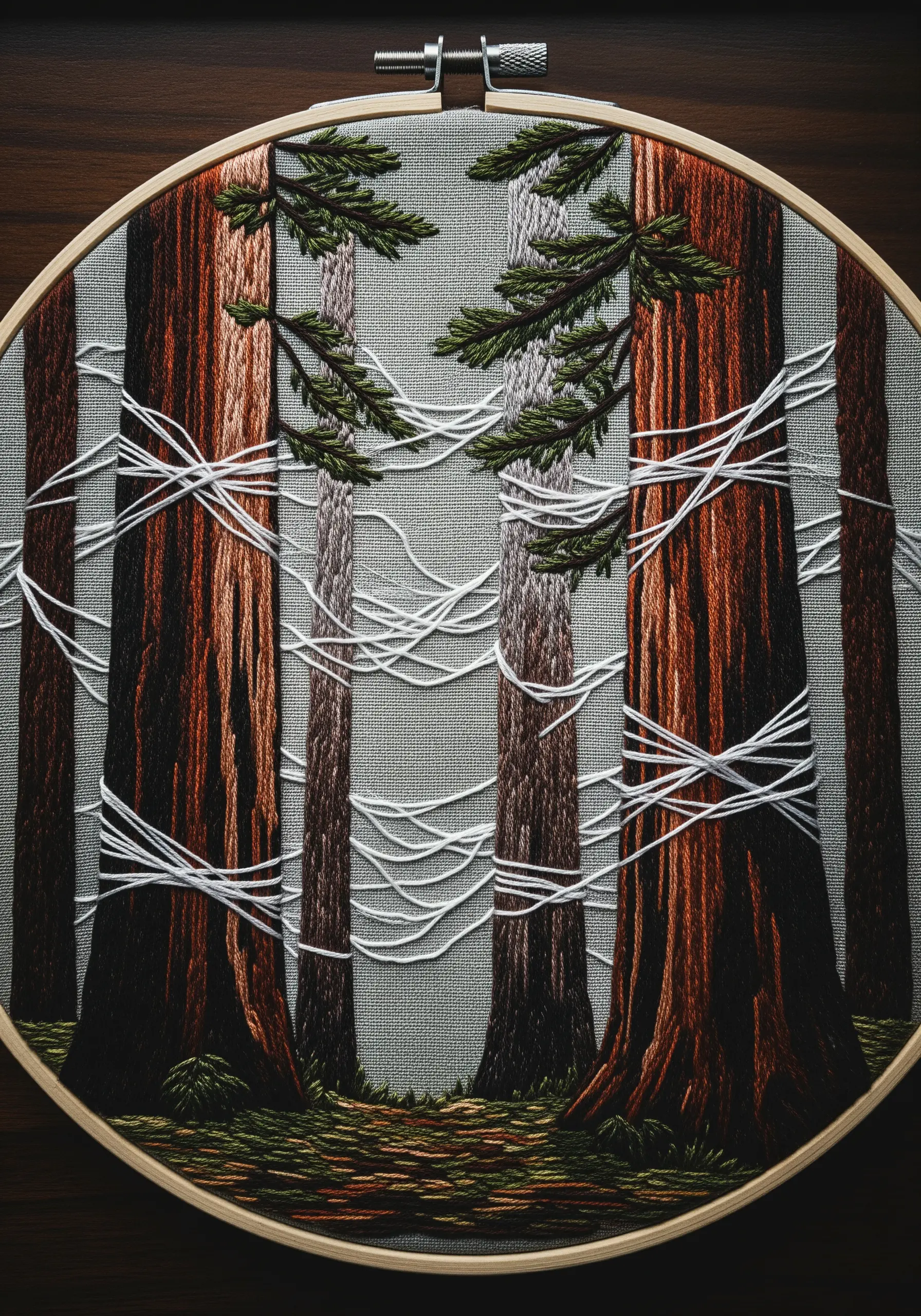 Embroidery of a redwood forest with white threads stretched across the scene.