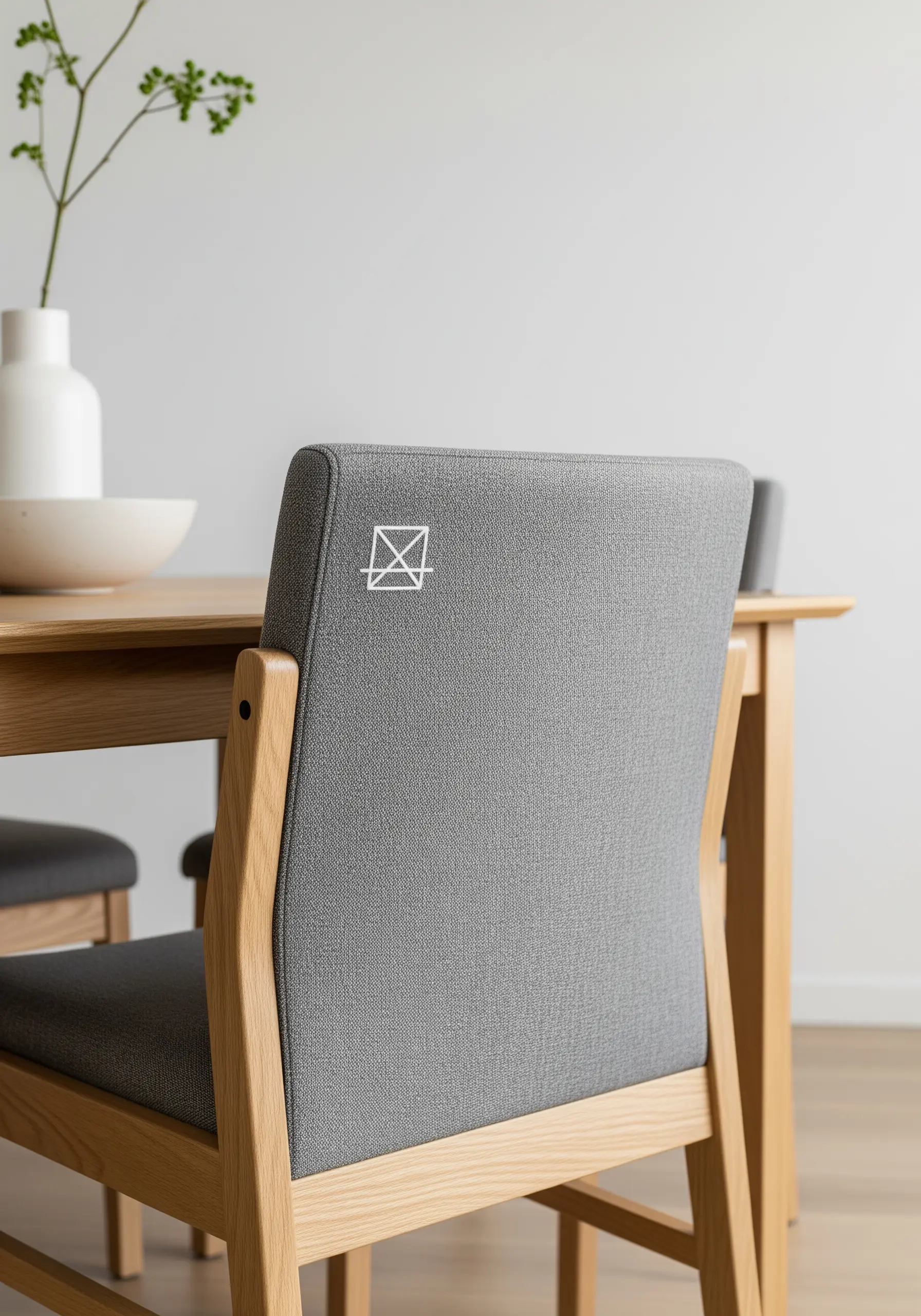 A small, modern white monogram stitched onto the back of a grey upholstered dining chair.