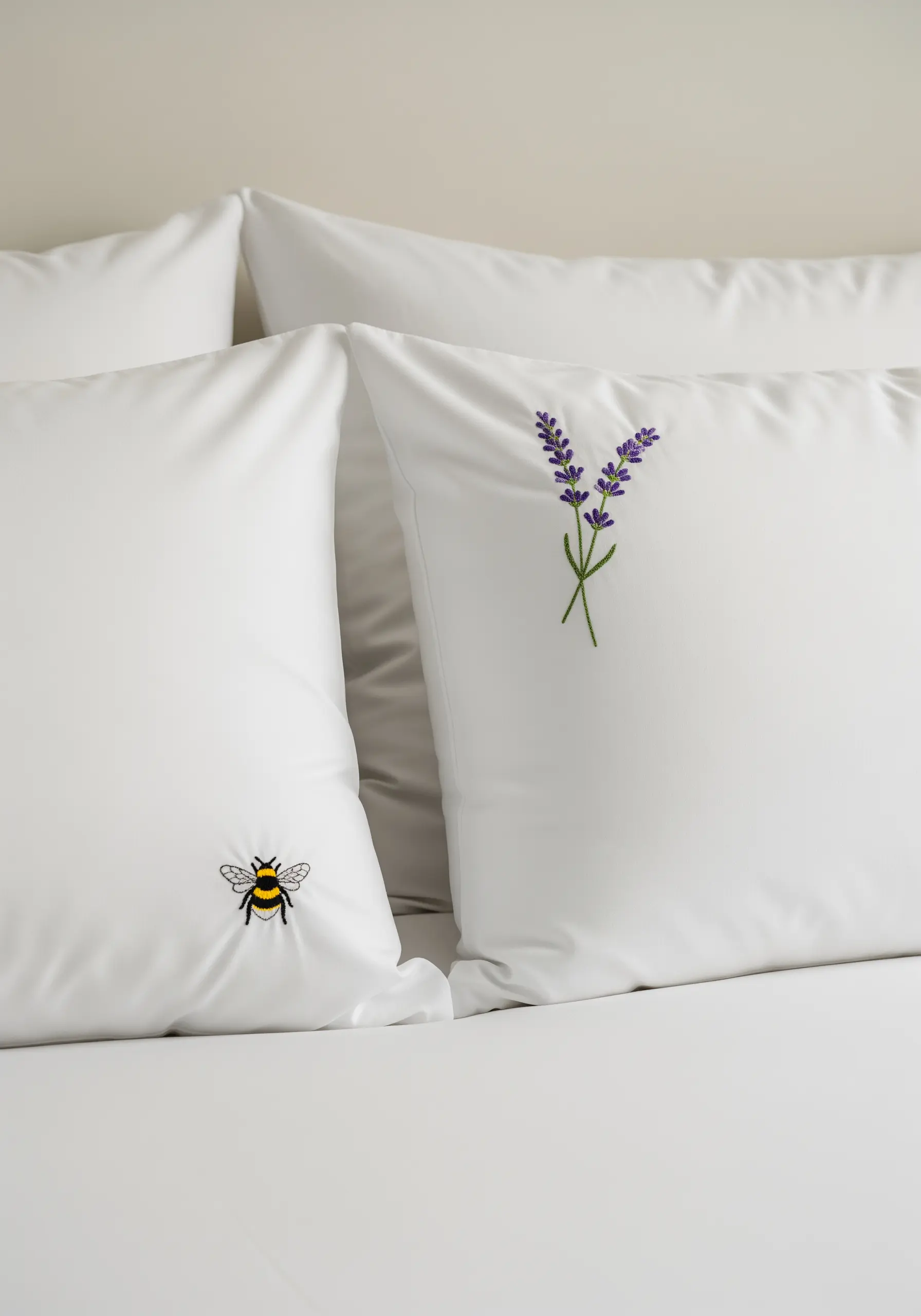 White pillowcases with small, delicate embroidered motifs of a lavender sprig and a bee.
