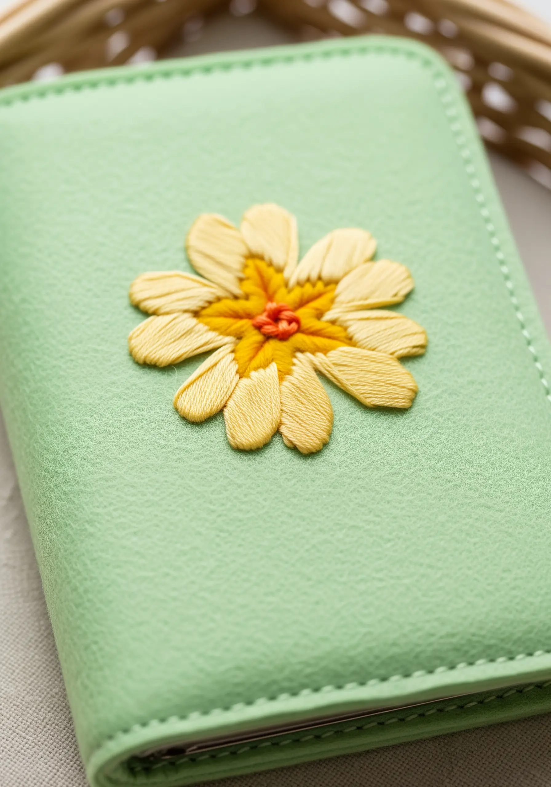 A single yellow dimensional flower with an orange center embroidered on a green journal cover.