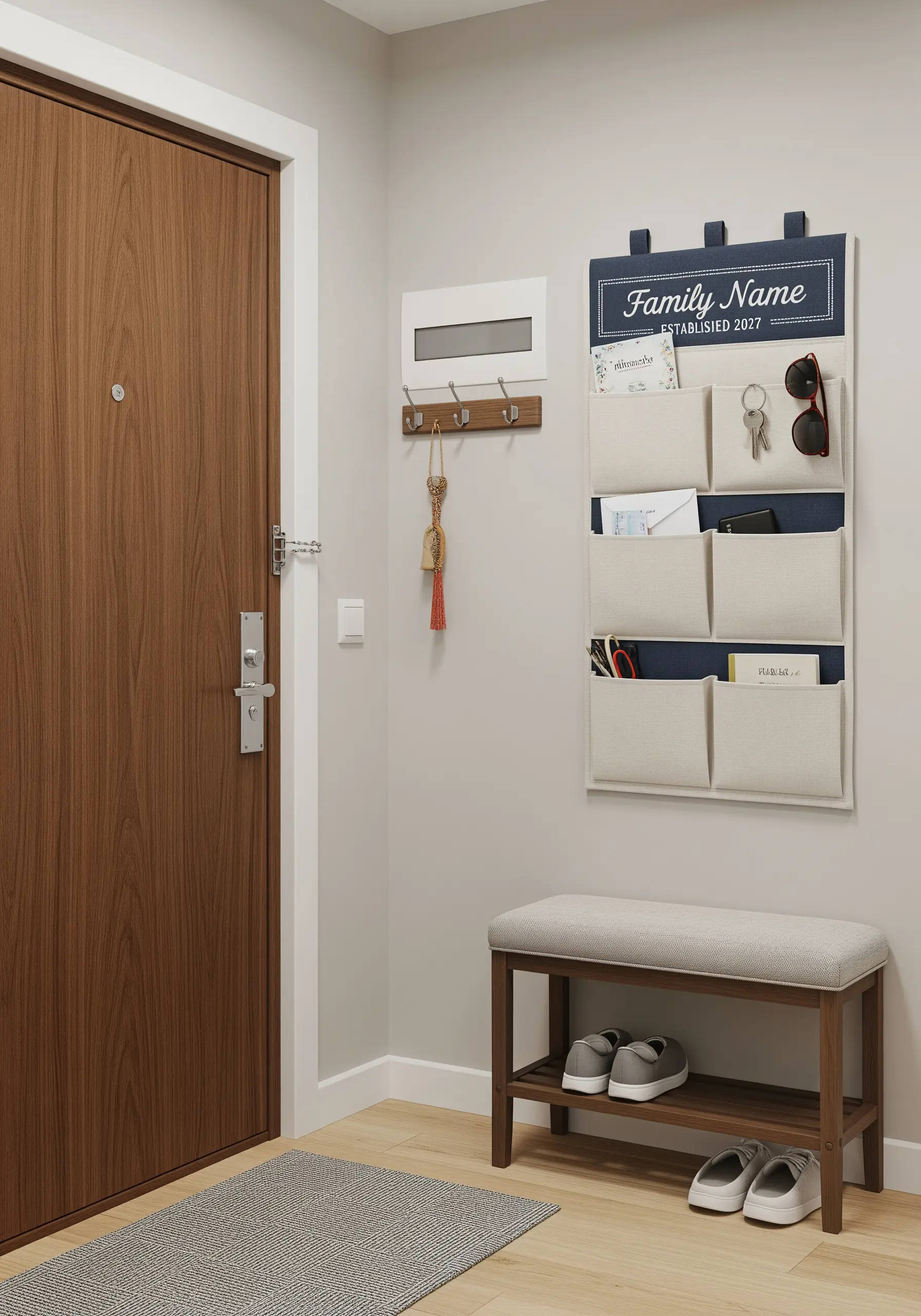 A canvas entryway wall organizer with pockets, personalized with an embroidered family name.