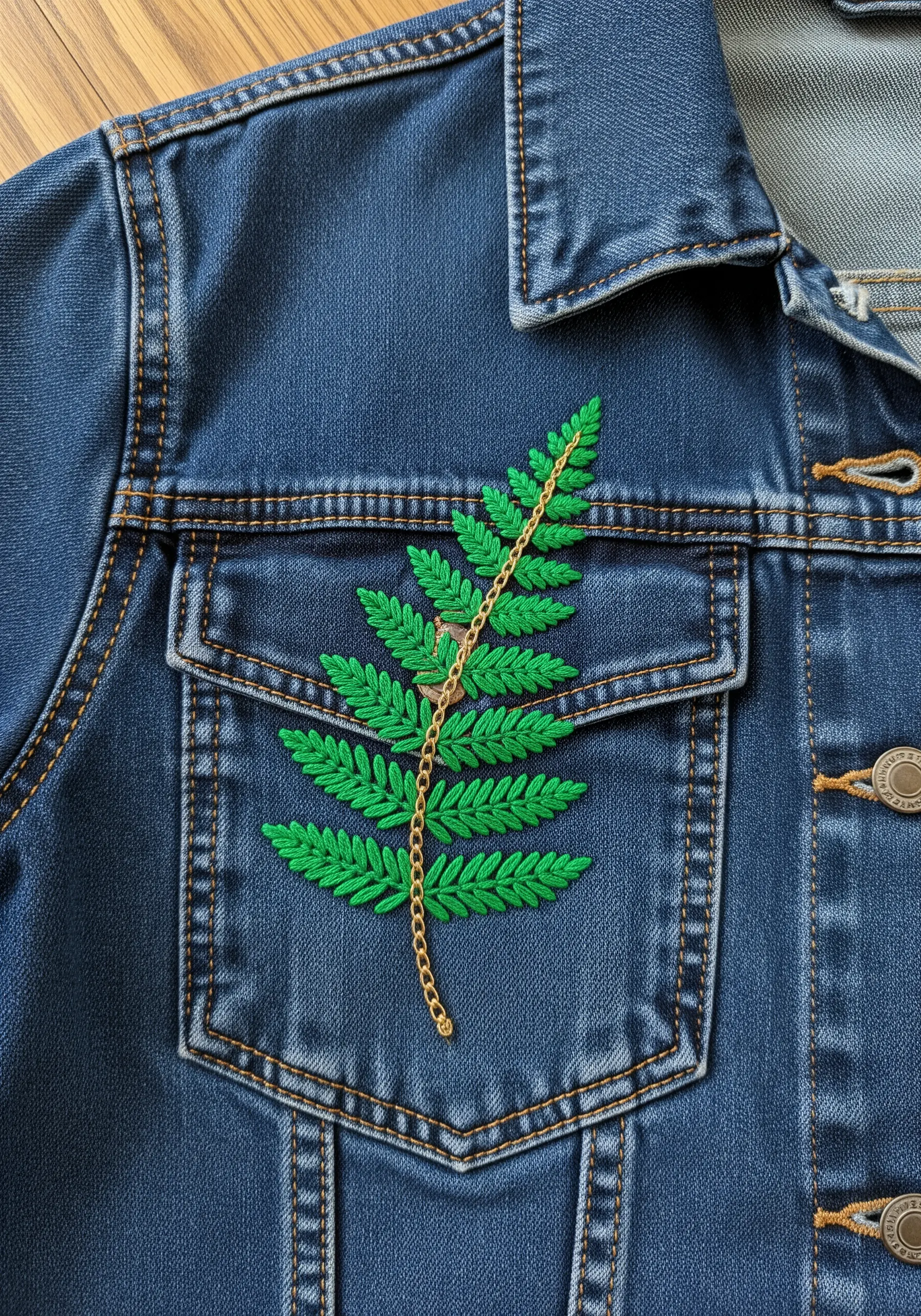 A bright green embroidered fern on the pocket of a denim jacket.