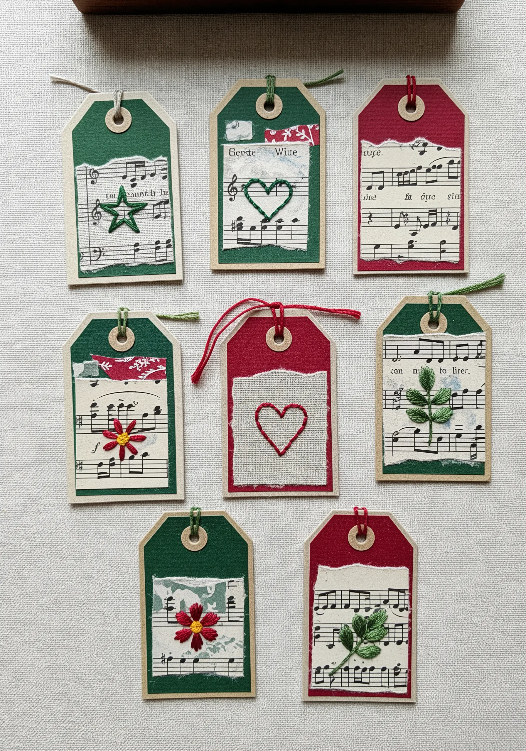 Handmade gift tags decorated with small, simple embroidered motifs like hearts and leaves.