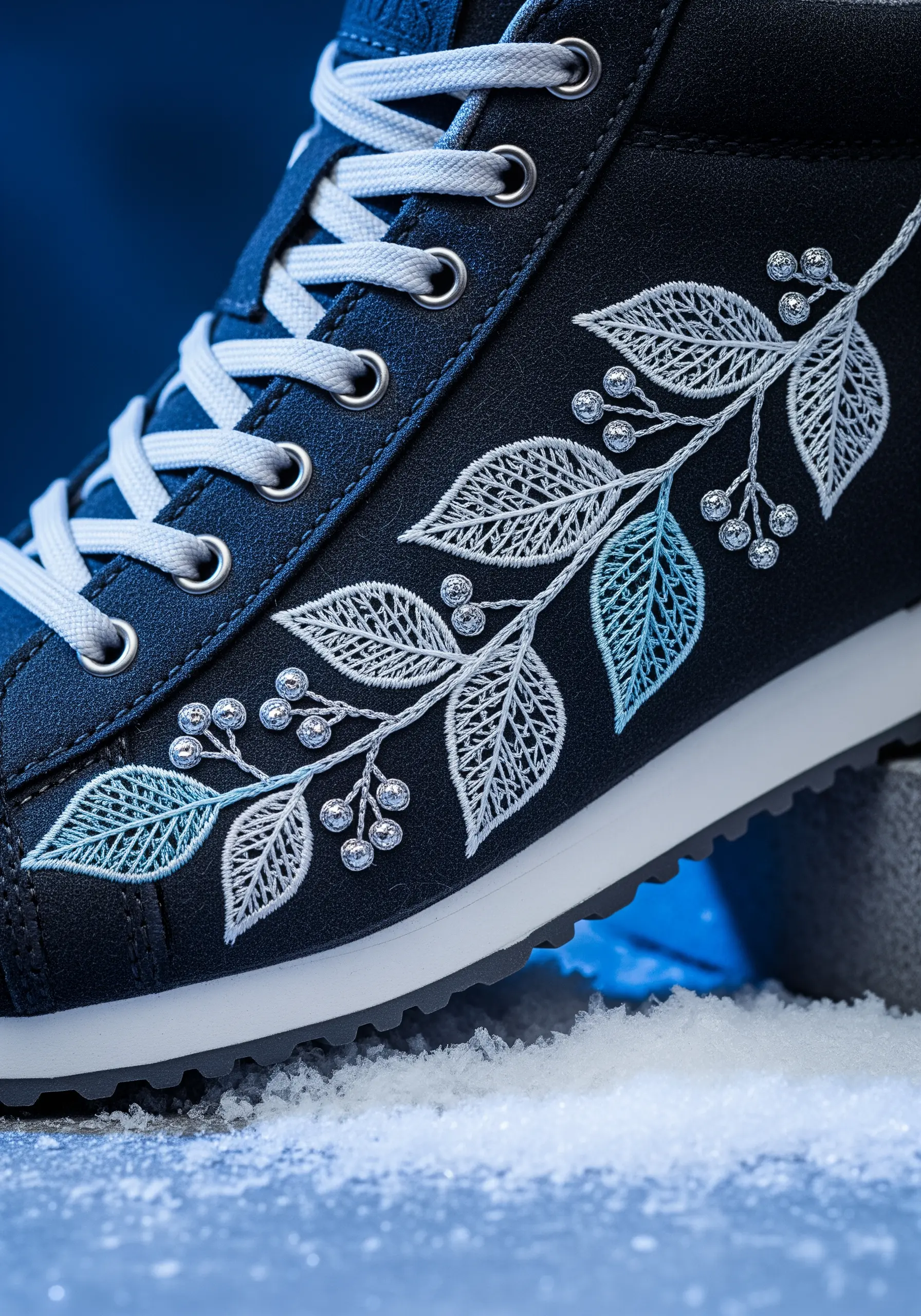 A frosty winter branch embroidered in white and blue, embellished with tiny silver beads.