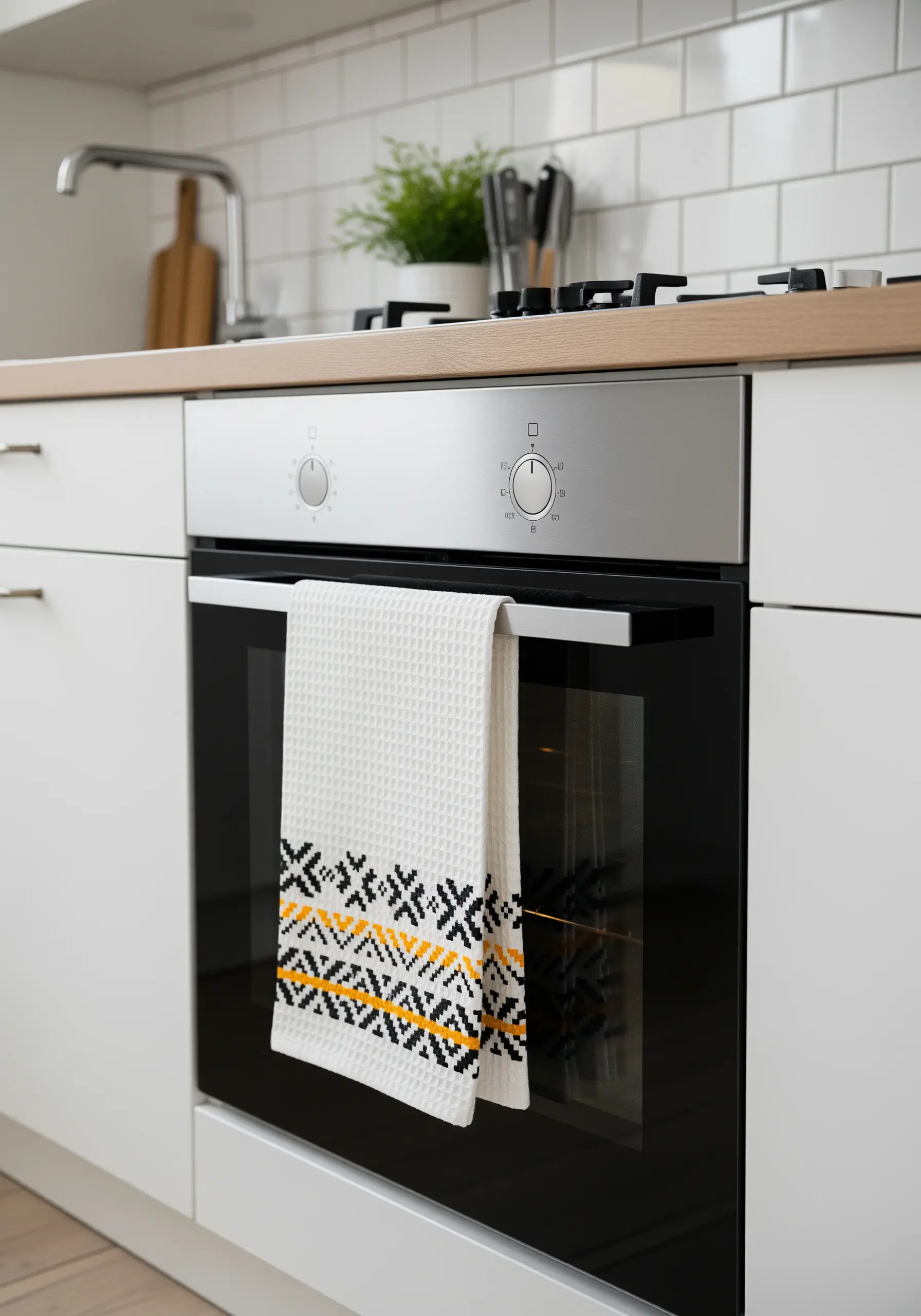 A white waffle-weave kitchen towel with a modern geometric cross-stitch border in black and yellow.
