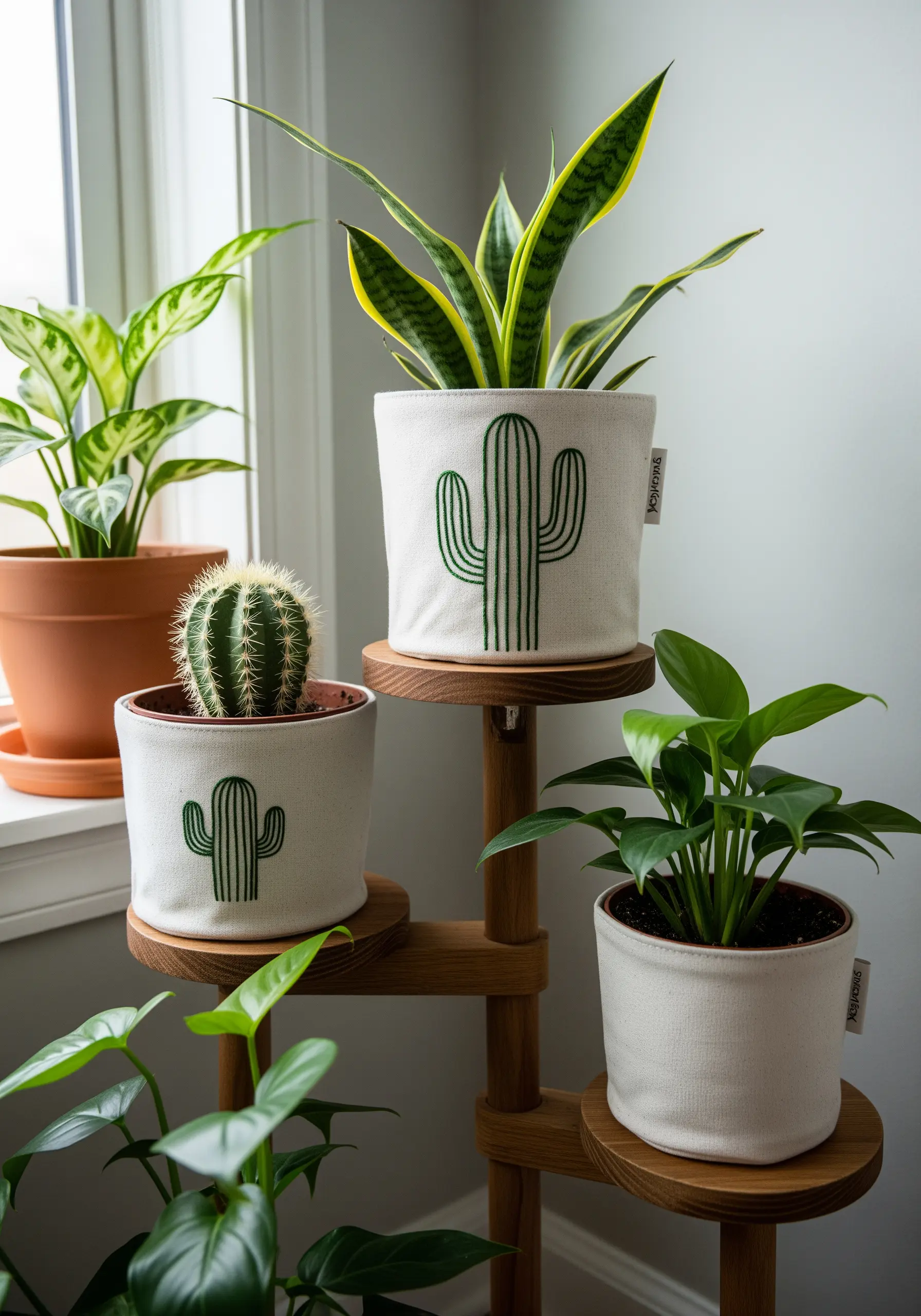 Simple cactus design stitched in green thread on small canvas plant pots.