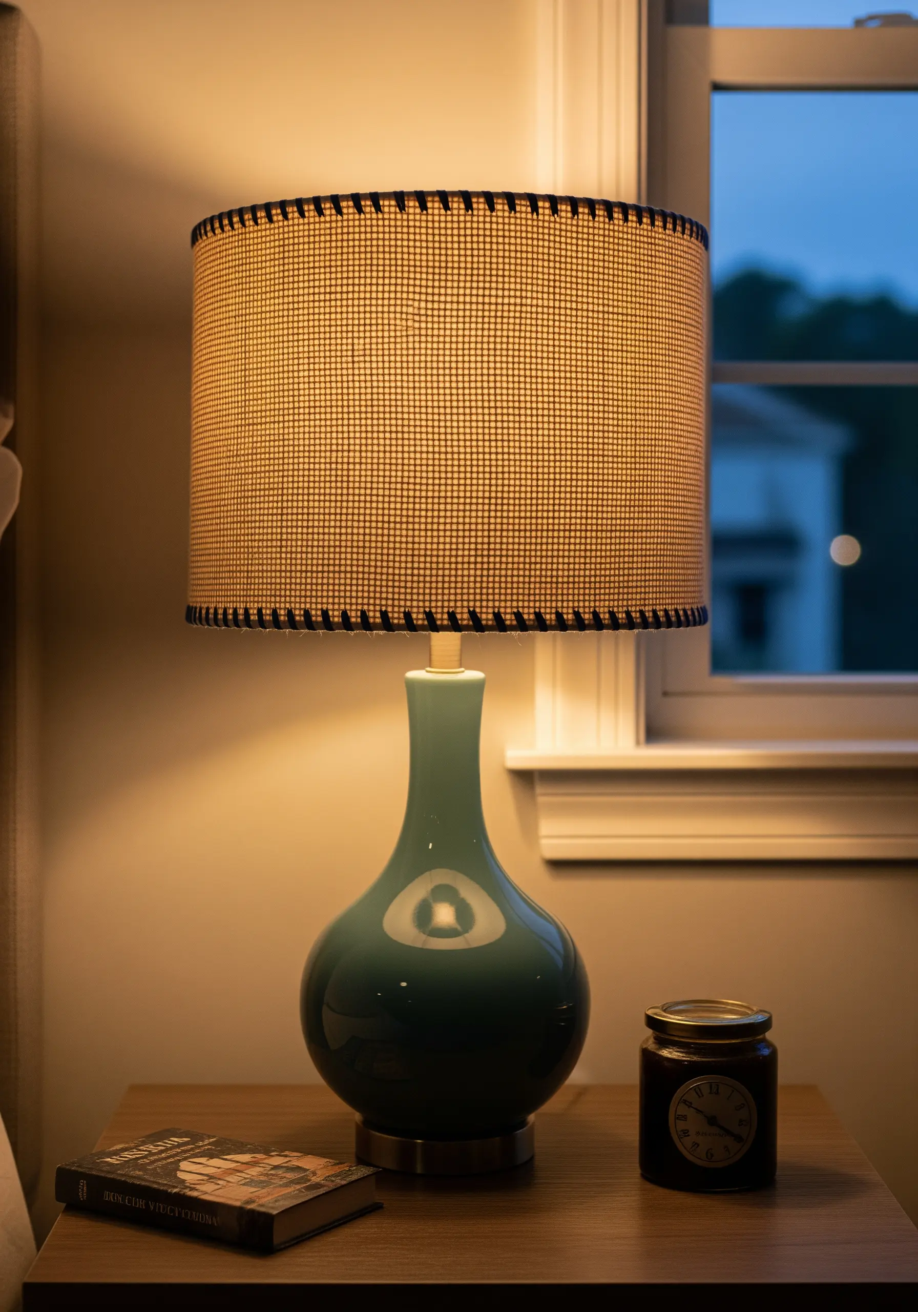 A woven cane lampshade with its top and bottom edges trimmed with a black whipstitch.
