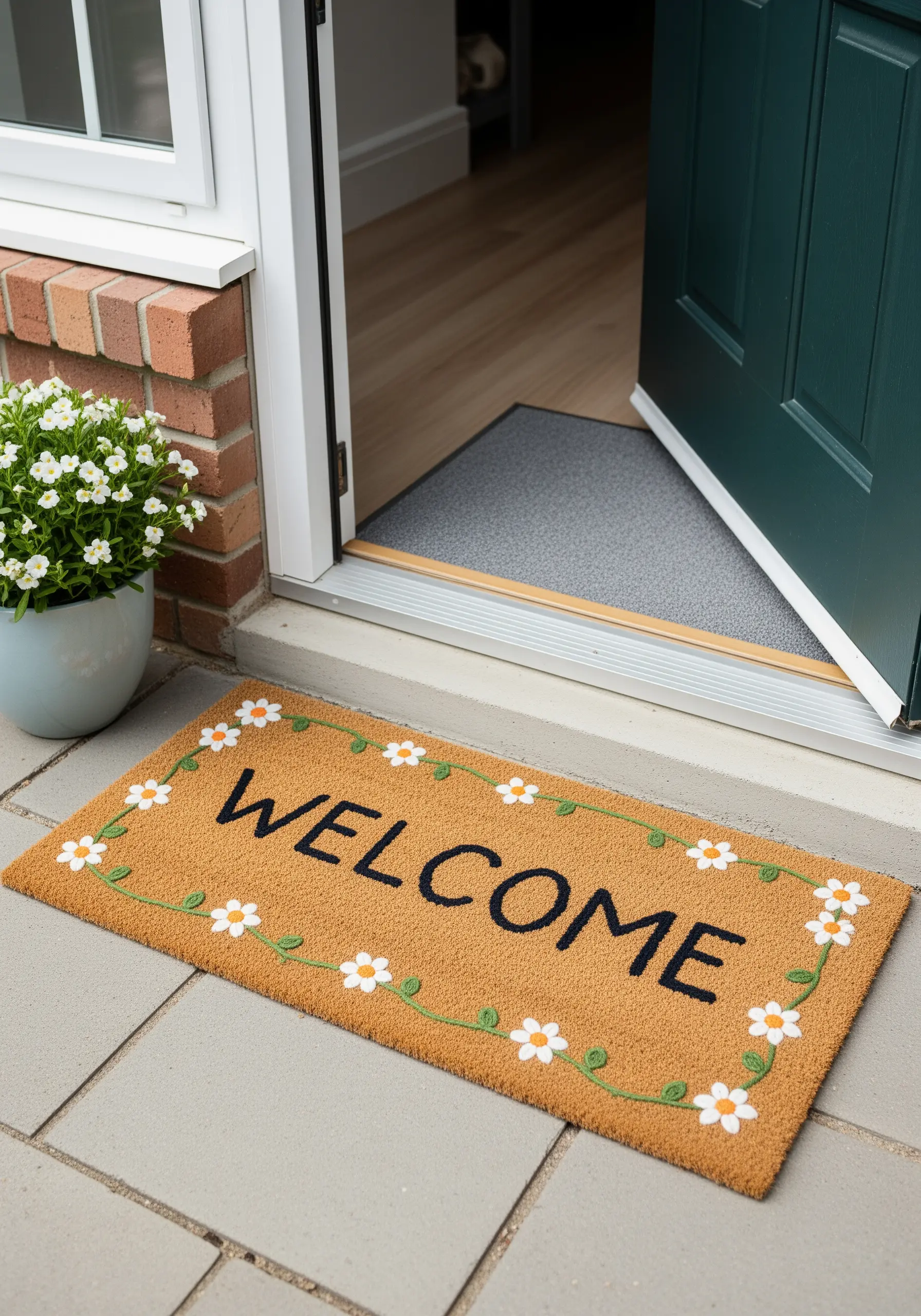 A coir welcome mat with the word 'WELCOME' and a border of daisies stitched in yarn.