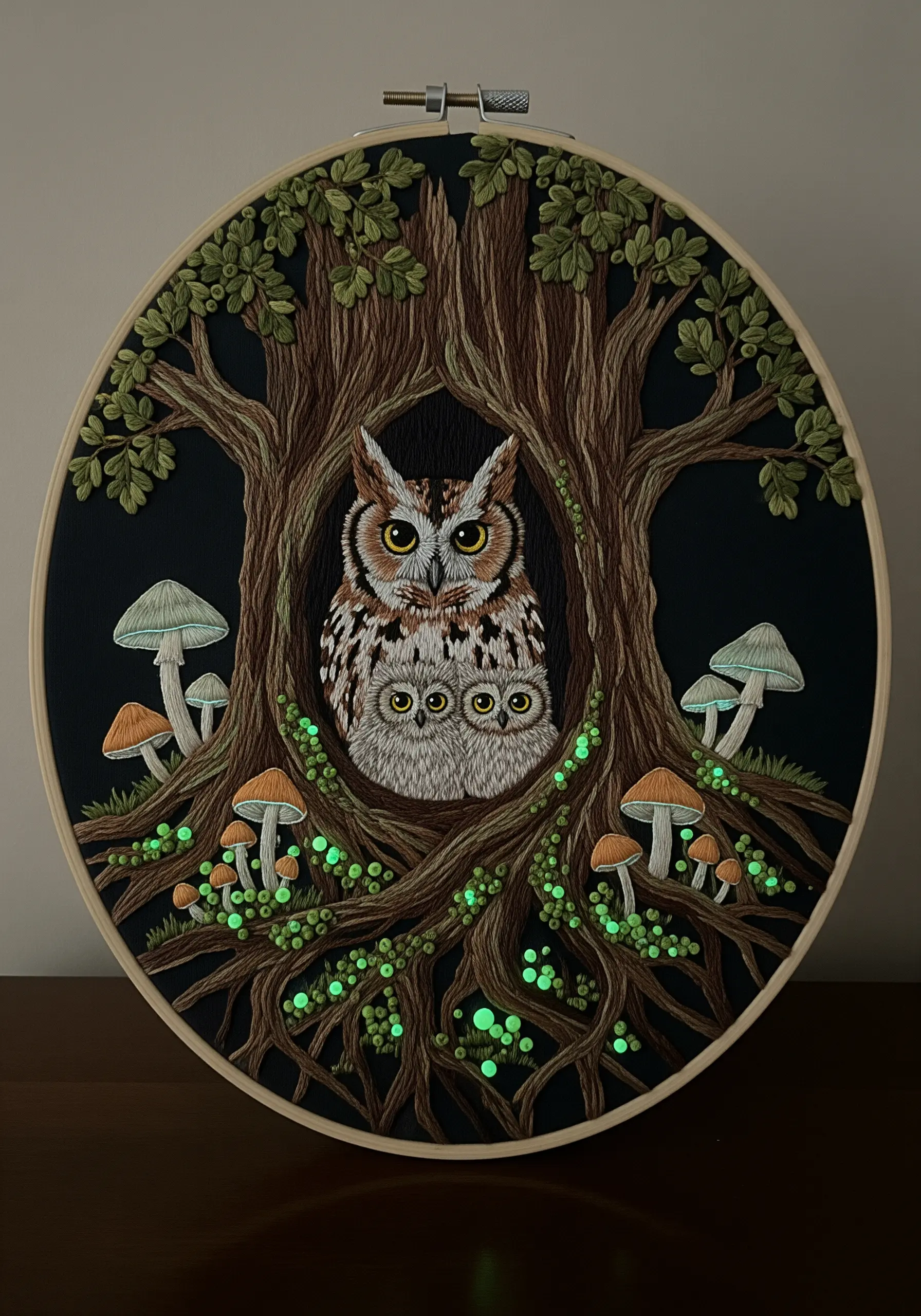 An owl family in a tree hollow, surrounded by mushrooms and moss stitched with glow-in-the-dark thread.
