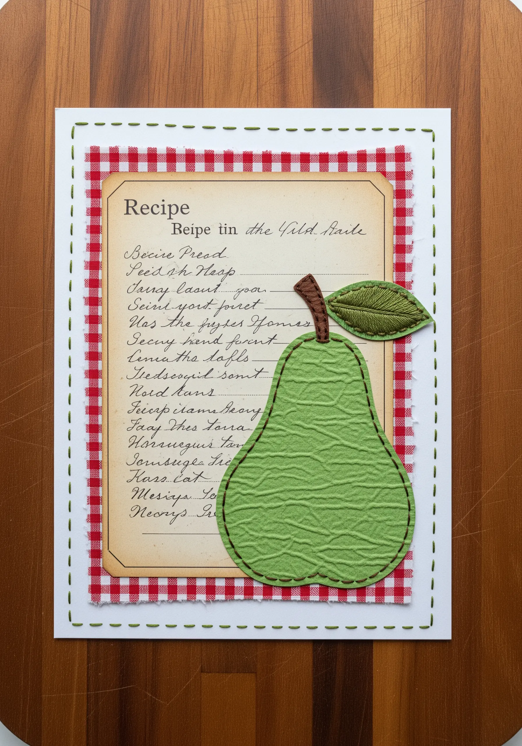 A recipe card collage with a green paper pear, framed with a simple running stitch
