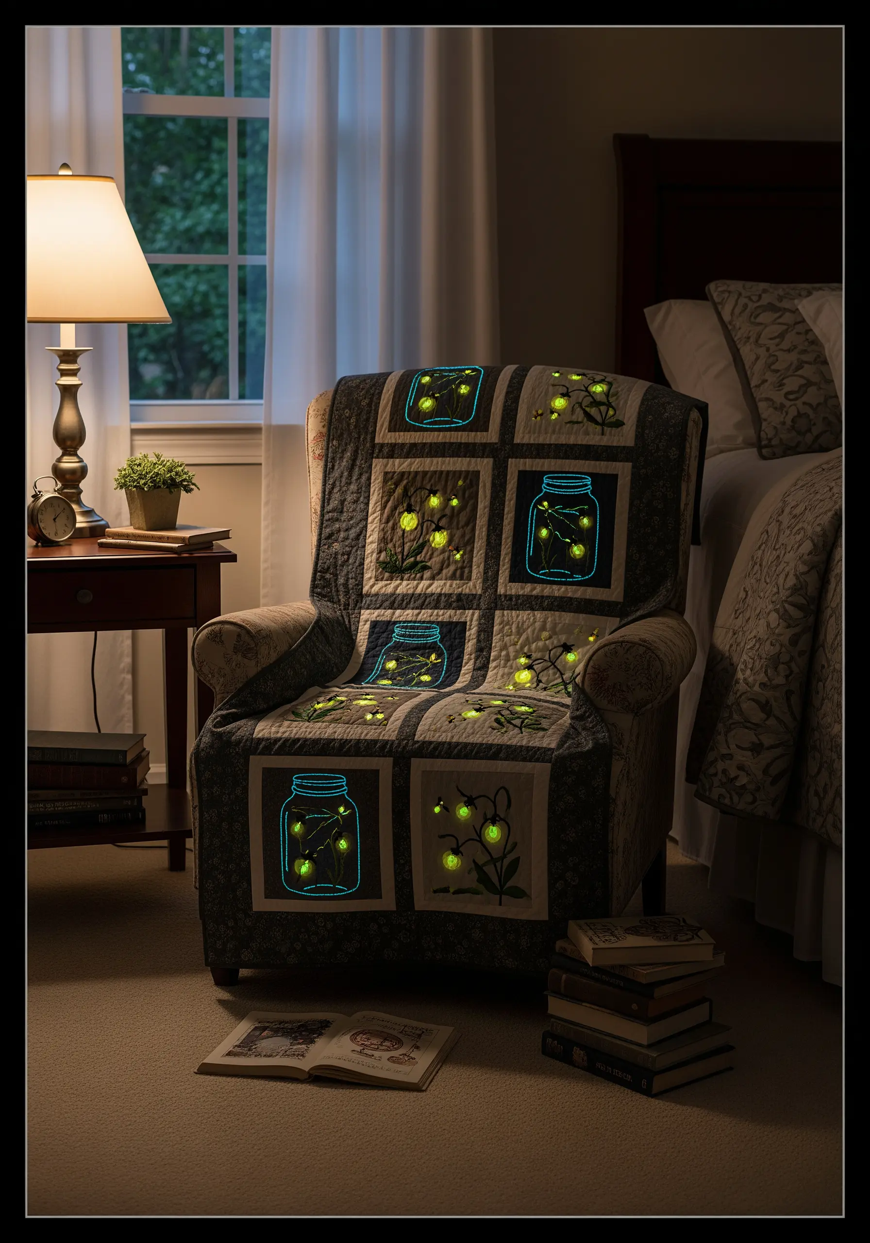 A quilt with embroidered jars of fireflies that glow in the dark.