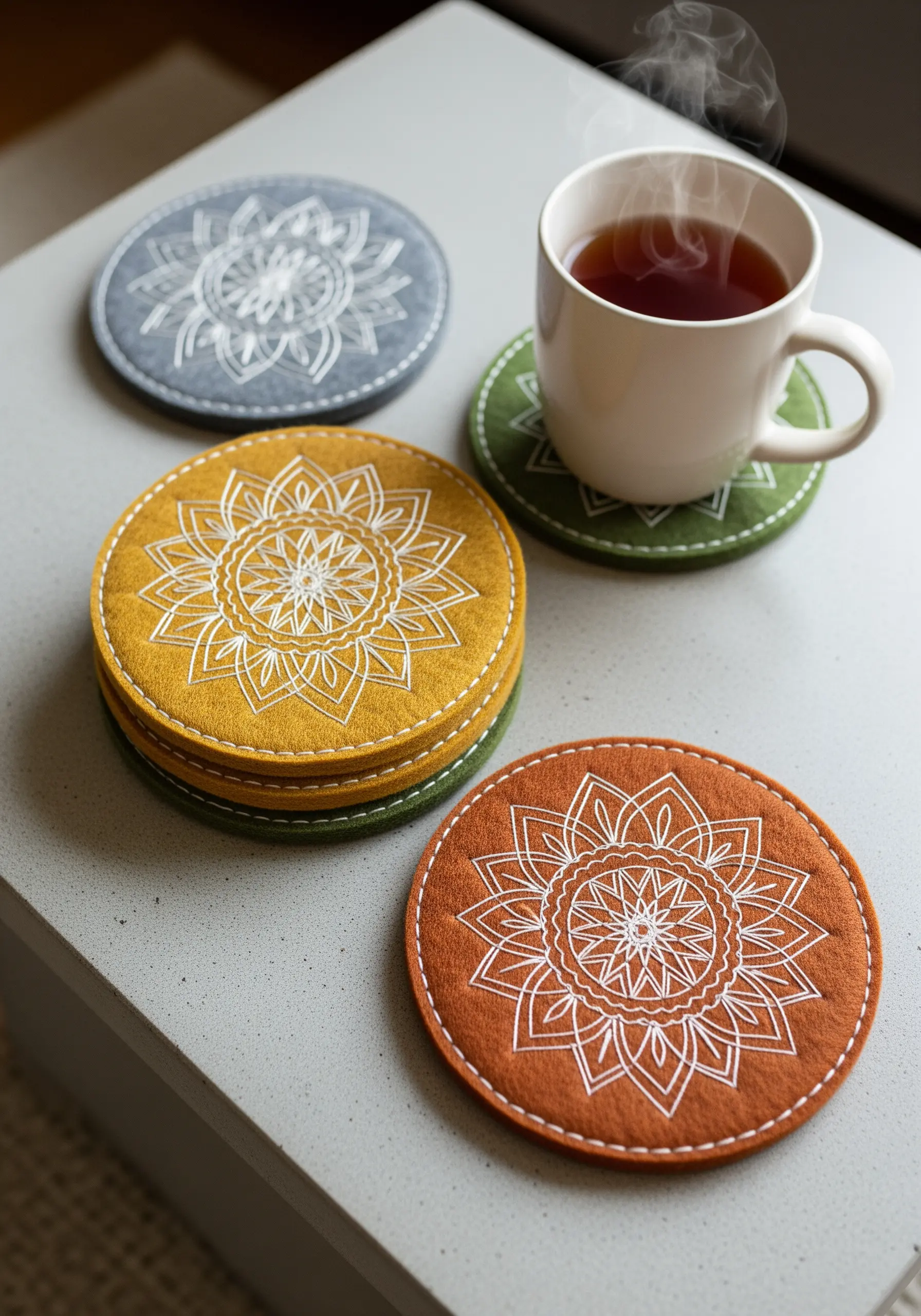 A set of round felt coasters in muted earth tones, each stitched with a white mandala design.