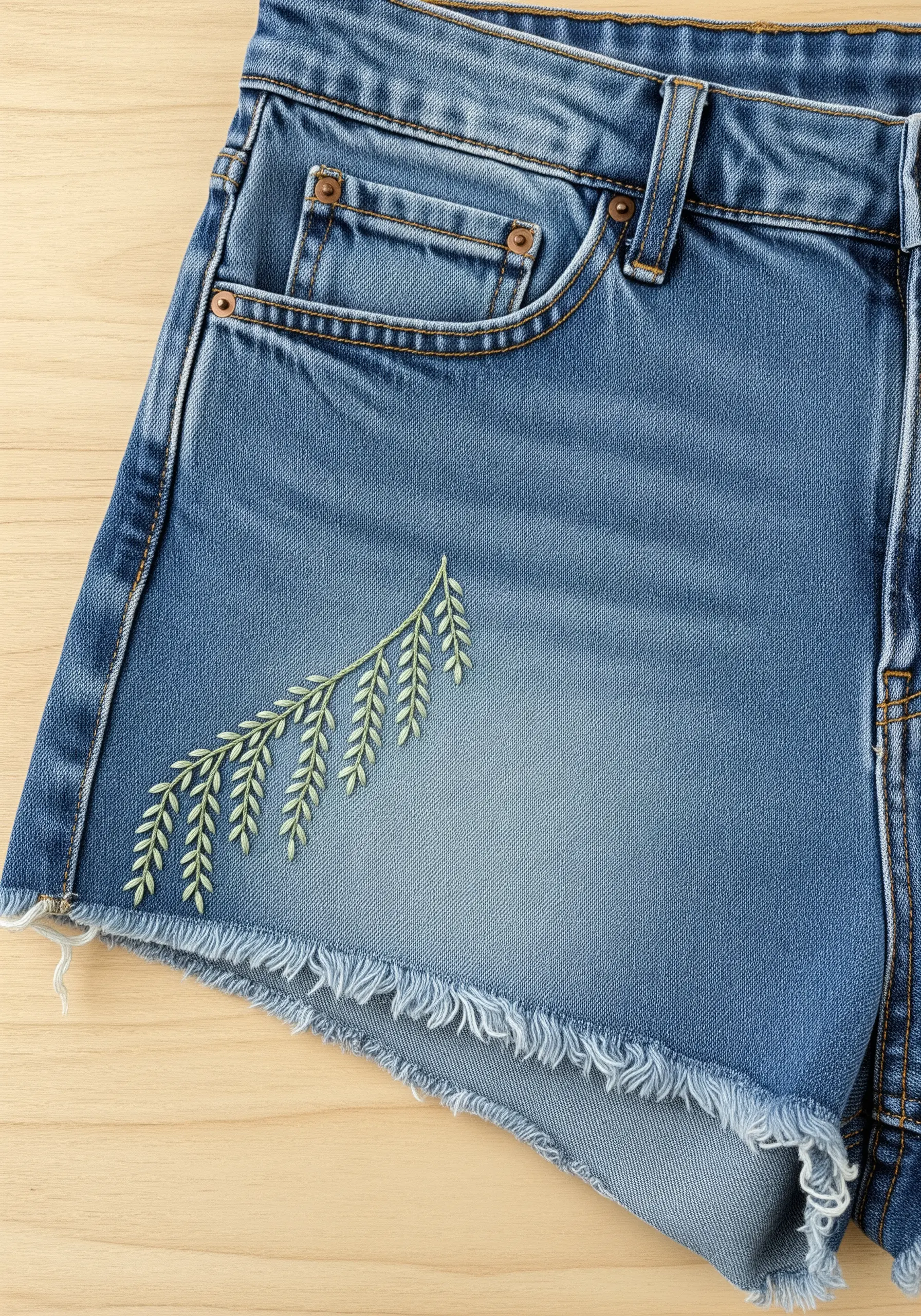 A small, delicate sprig of leaves stitched in light green on the corner of denim shorts.
