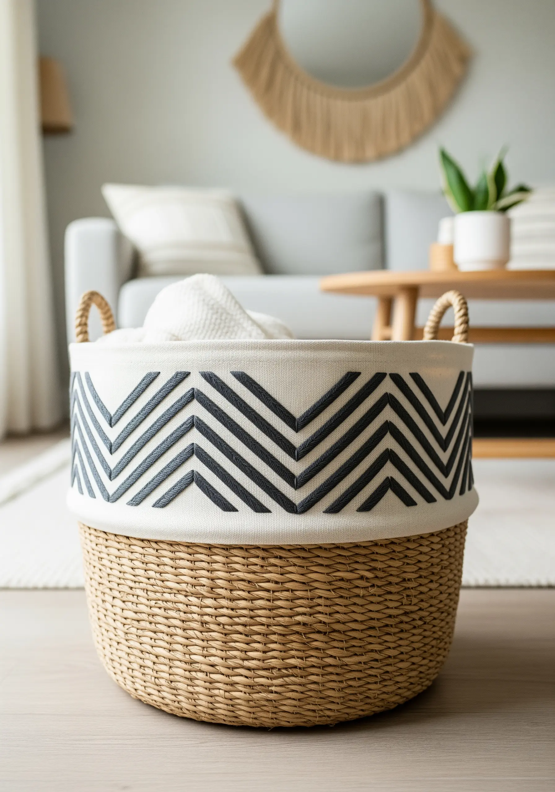 A woven basket with a fabric cuff embroidered with a bold grey chevron pattern.