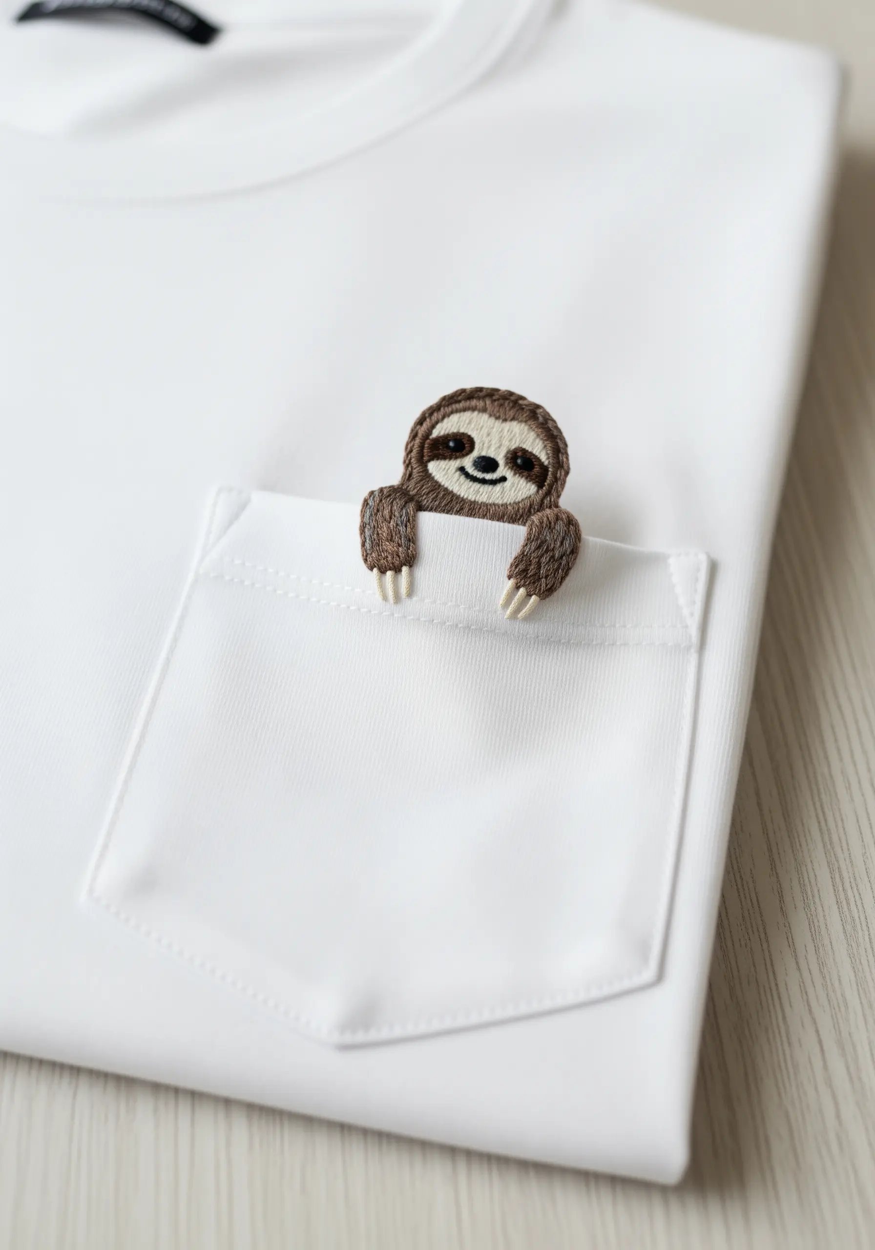 A cute embroidered sloth peeking out from the pocket of a white t-shirt.