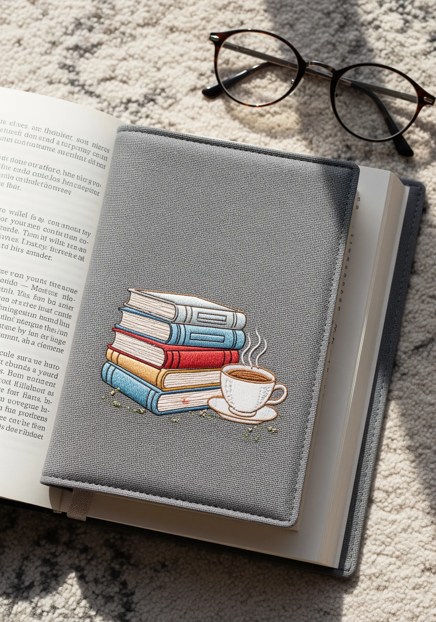 A gray fabric book cover embroidered with a stack of books and a cup of coffee.