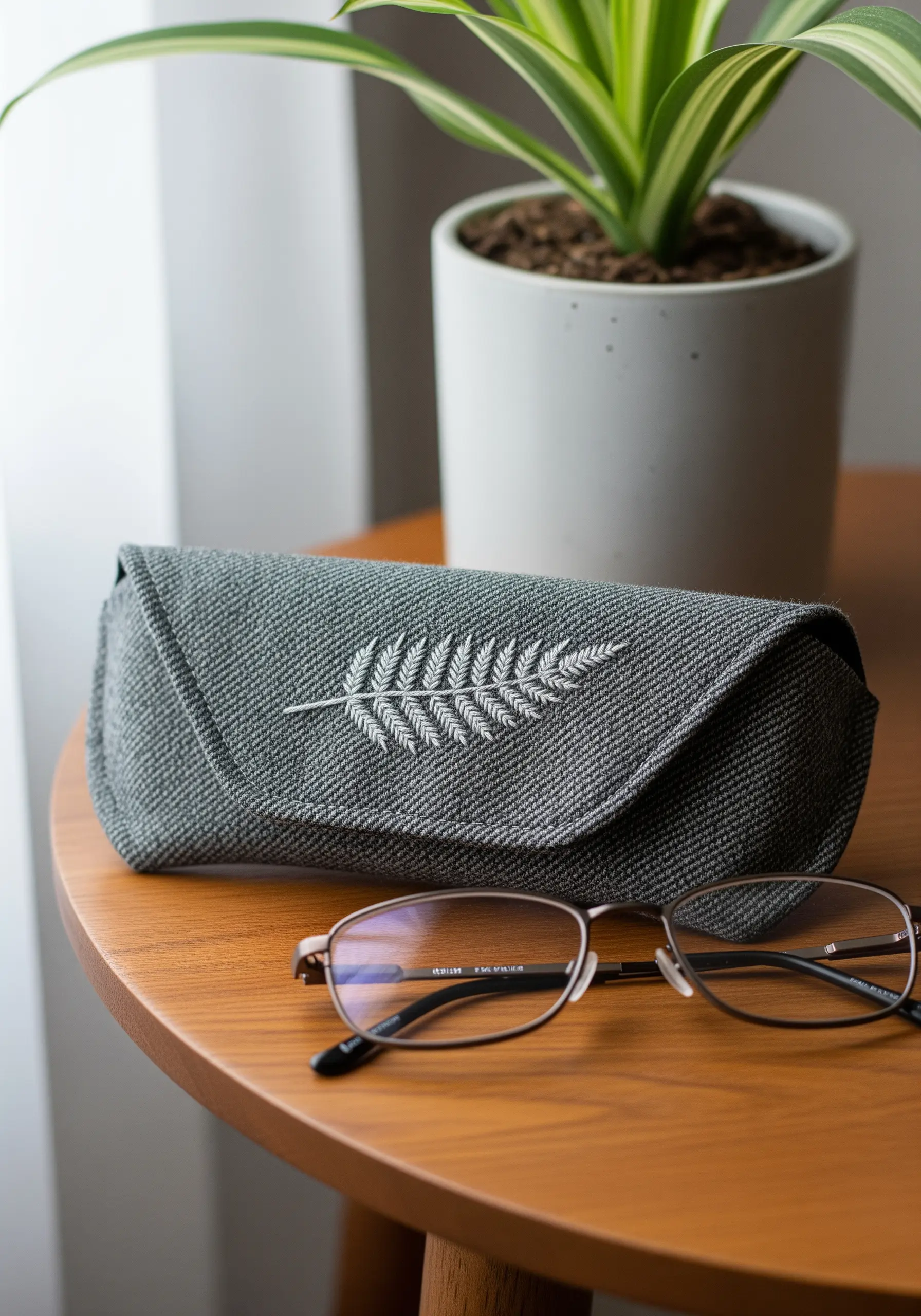 A simple white fern embroidered on the flap of a dark grey, textured eyeglass case.