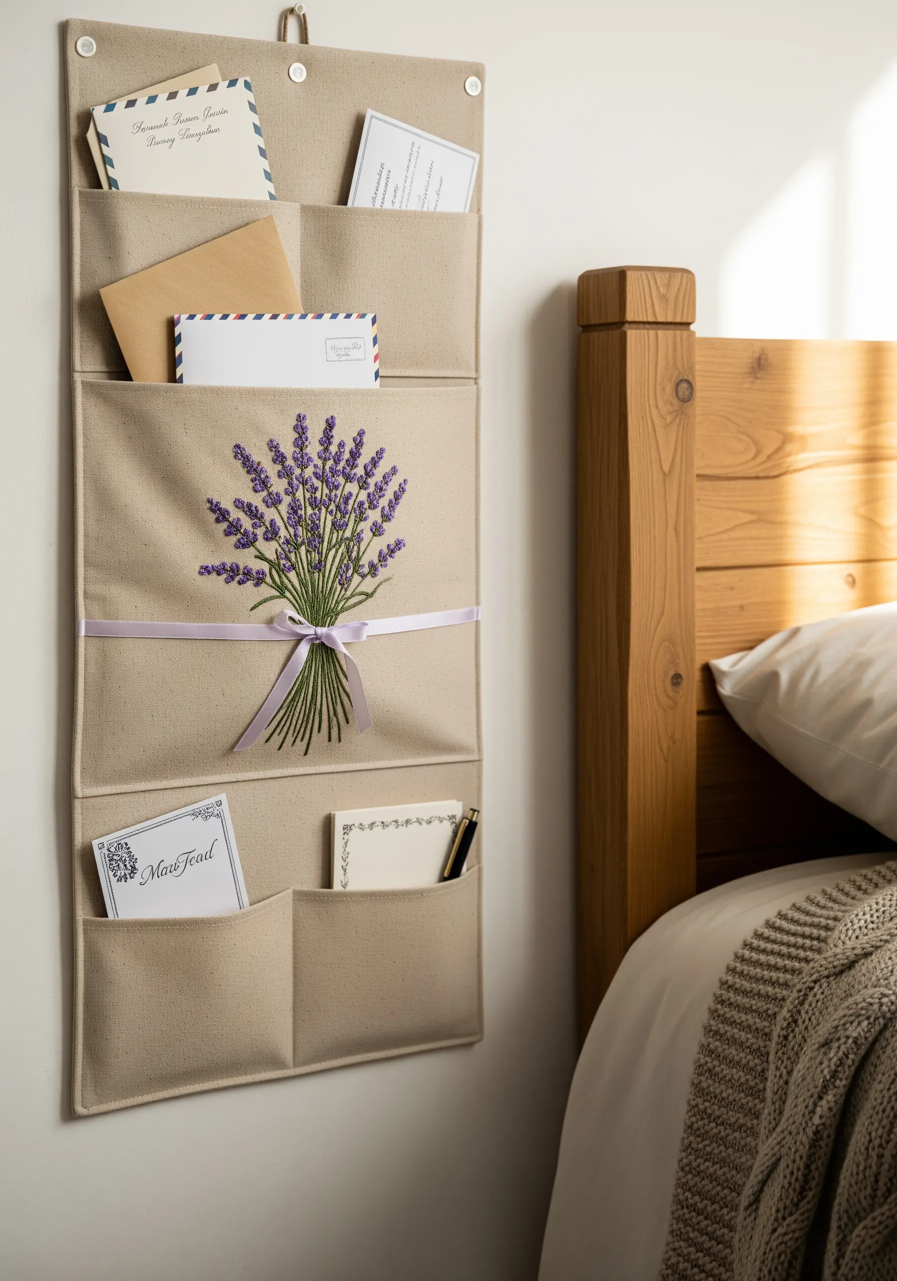 A canvas wall organizer with an embroidered lavender bouquet hanging next to a bed.