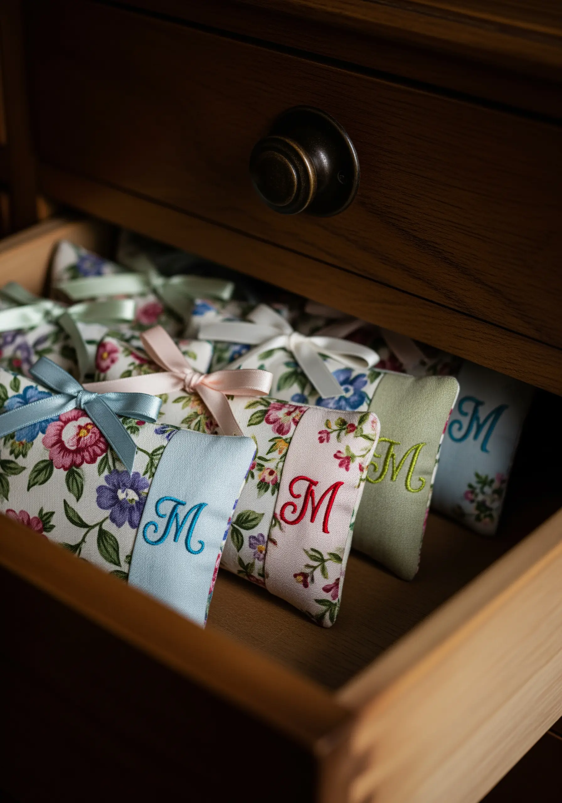 Monogrammed lavender sachets with satin ribbon bows in a wooden drawer.