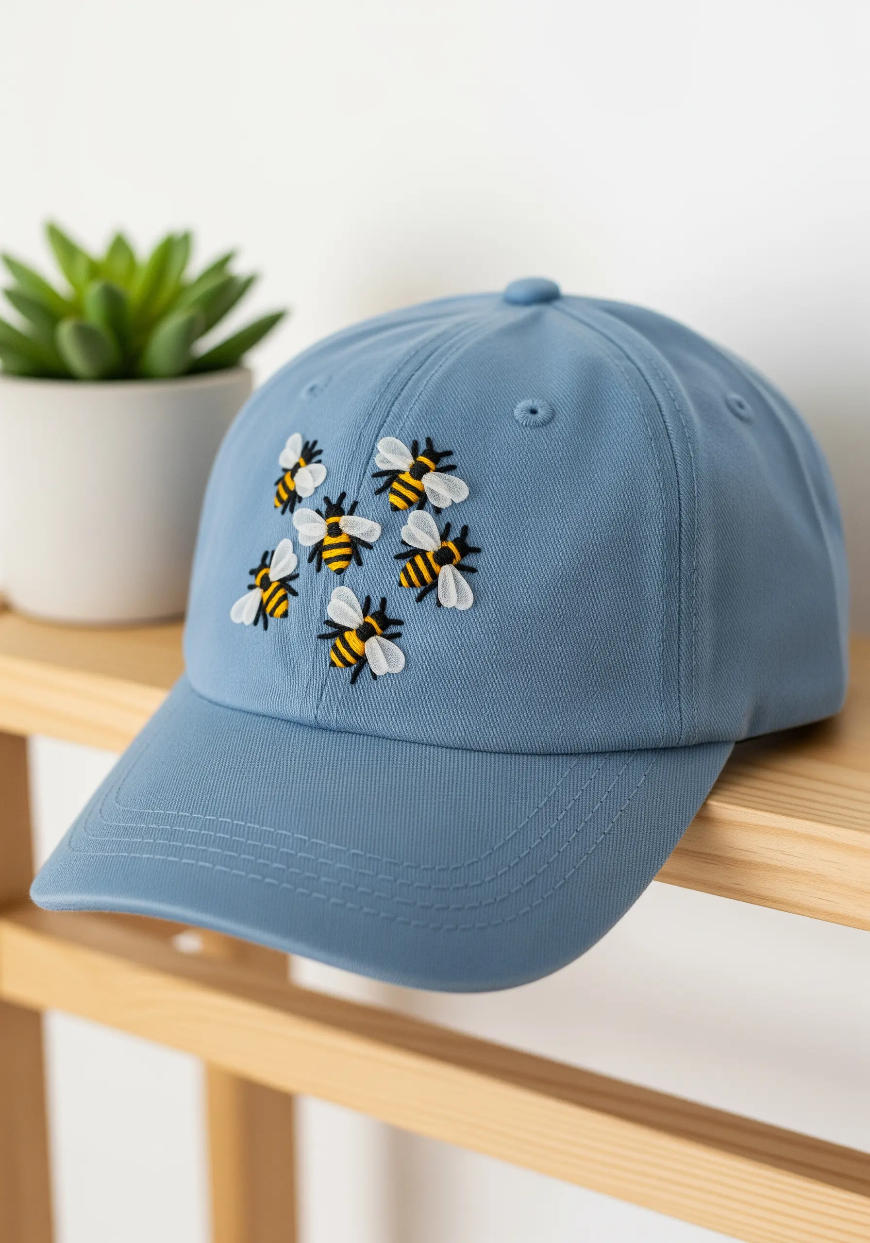 A cluster of small, embroidered bees with delicate wings on a light blue baseball cap.