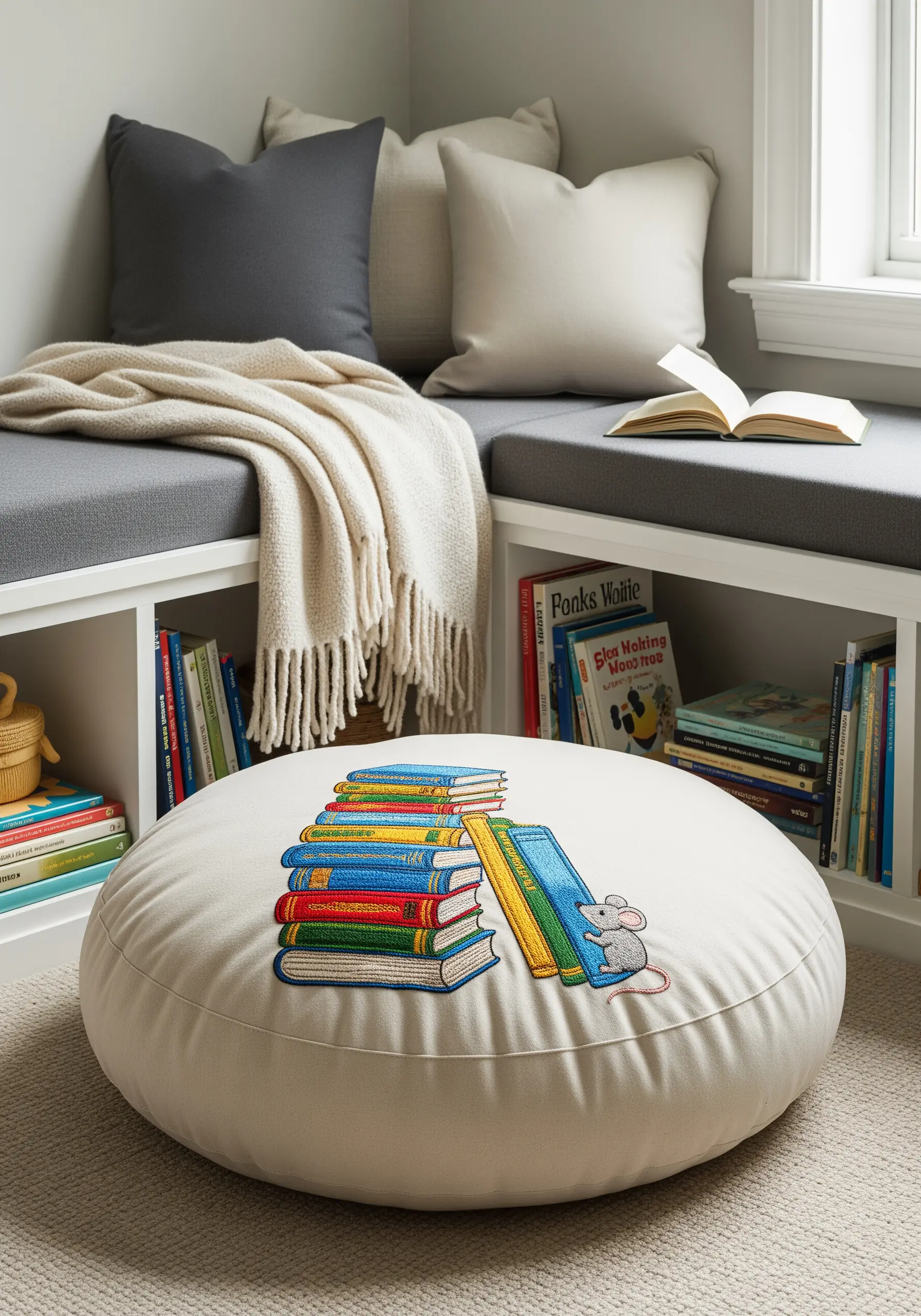 A round floor cushion embroidered with a colorful stack of books and a small mouse.