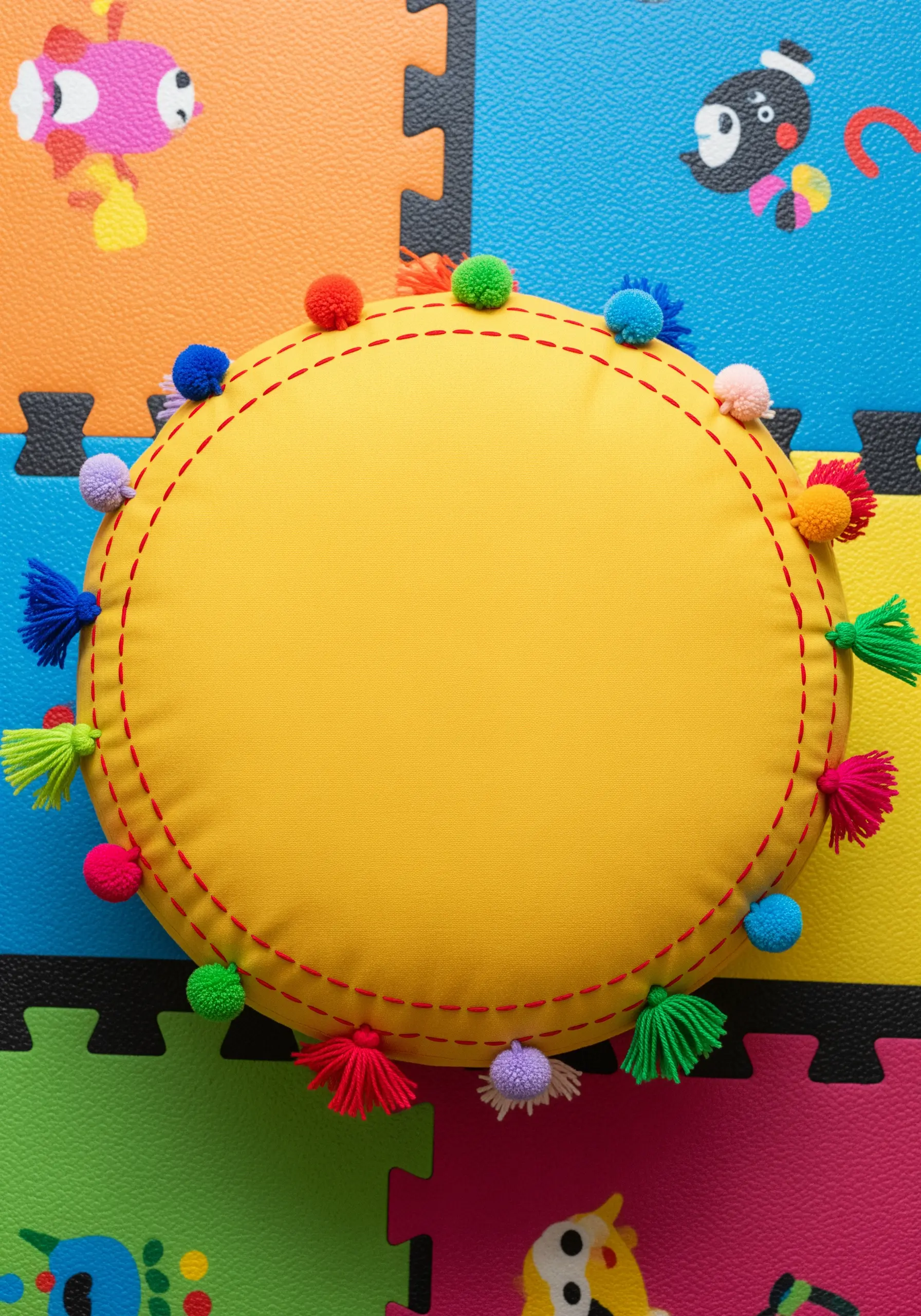 A round yellow cushion edged with colorful mini pom-poms and tassels