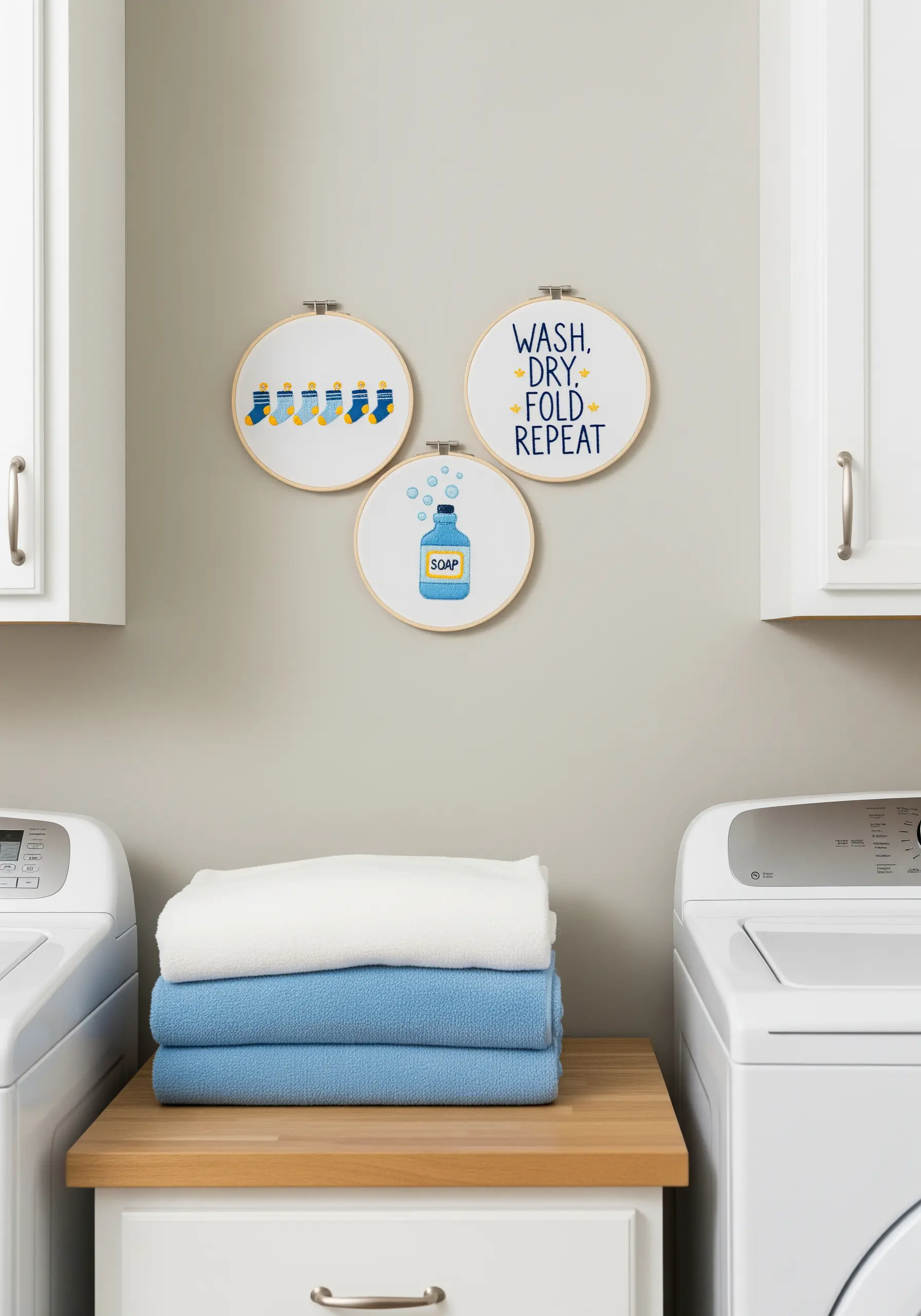 Three small embroidery hoops with laundry-themed motifs hanging in a modern laundry room.