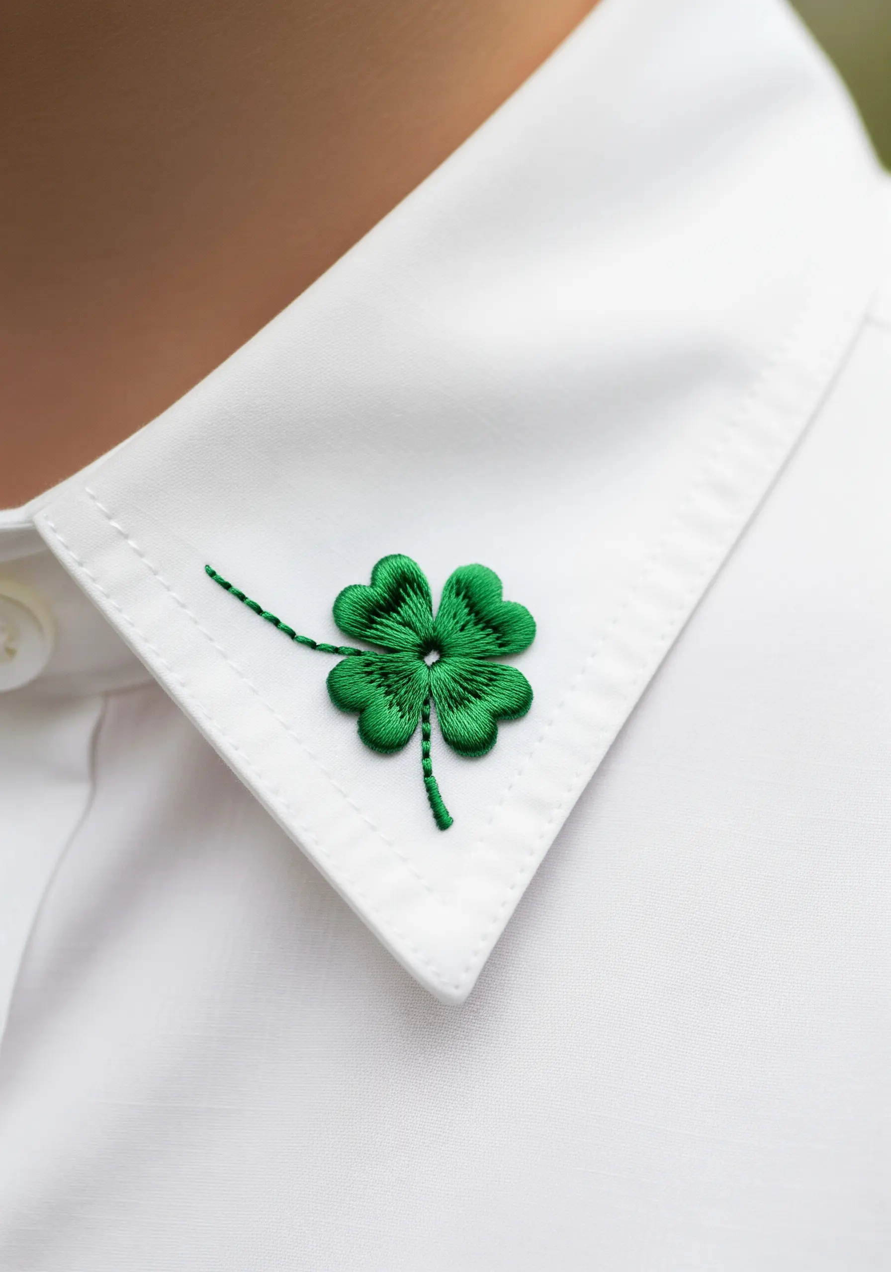 A single green four-leaf clover embroidered on the collar of a white shirt