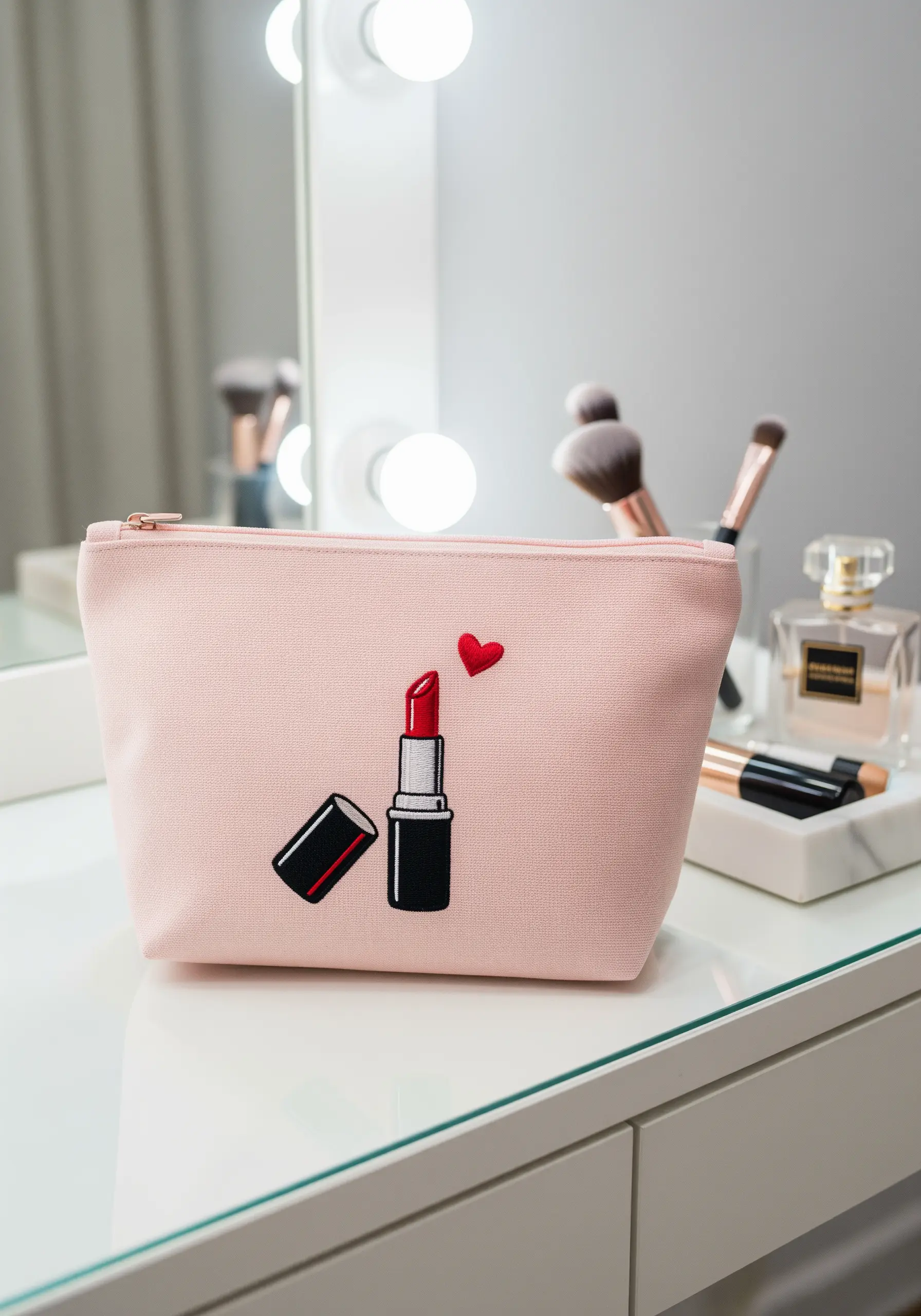A pink canvas makeup bag with a simple embroidery of a red lipstick and a tiny heart.