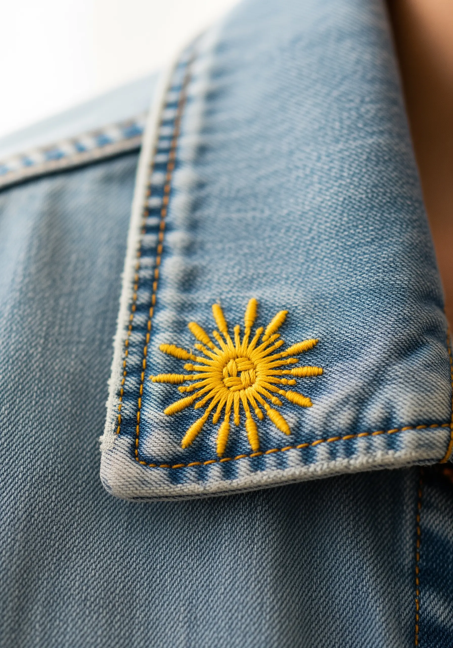 A small, bright yellow sun embroidered on the collar of a light-wash denim jacket.