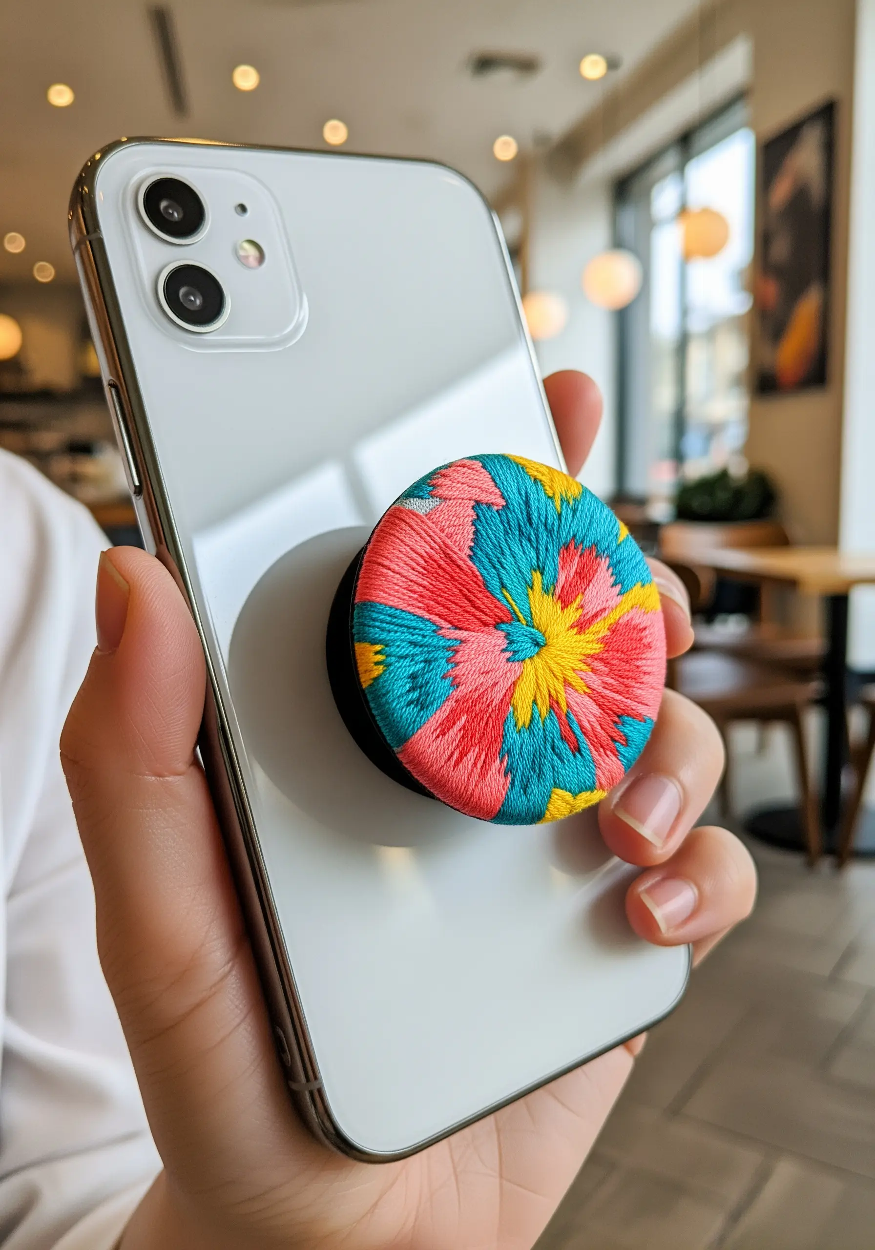 A close-up of a phone with a custom embroidered phone grip in a vibrant abstract pattern