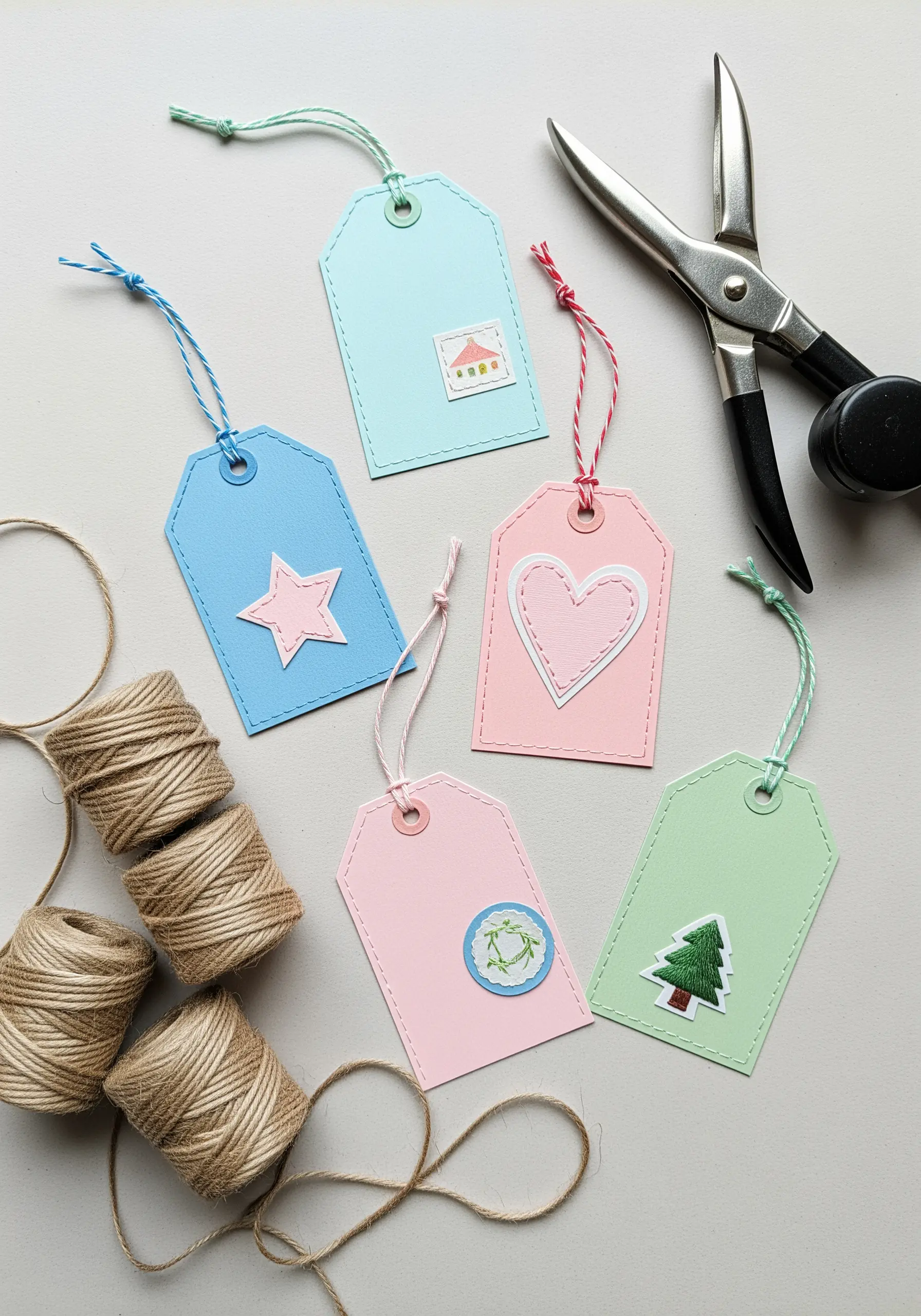 Pastel-colored paper gift tags with simple shapes, finished with a clean, stitched border.
