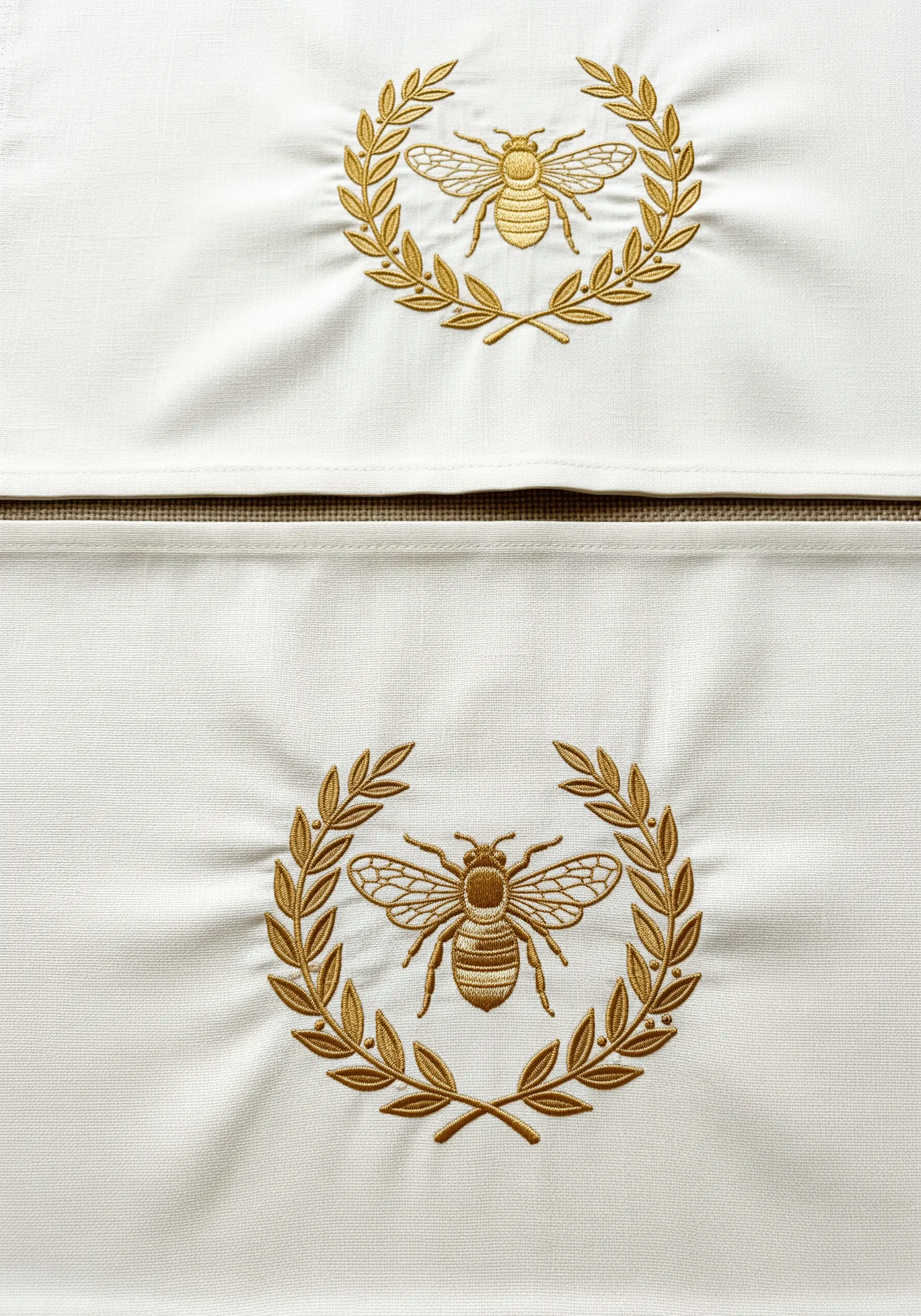 A classic emblem of a bee inside a laurel wreath, embroidered in gold on white fabric.