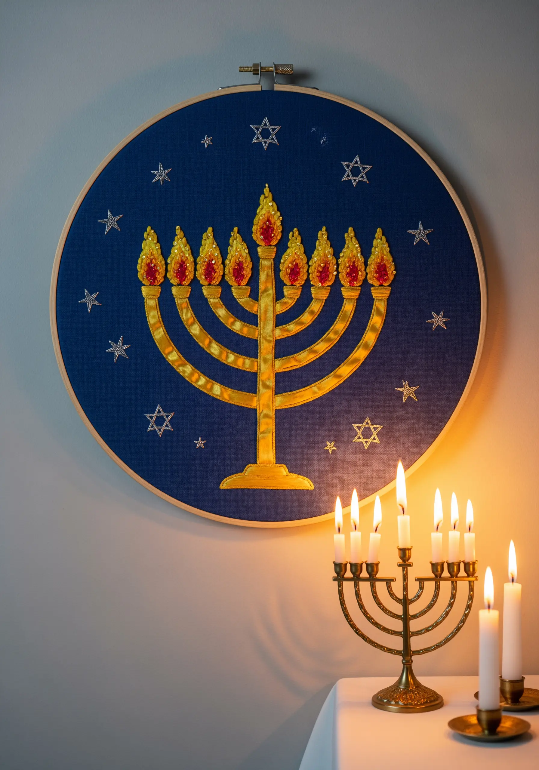 An embroidered menorah with dimensional, shimmering flames made from yellow and orange ribbon.