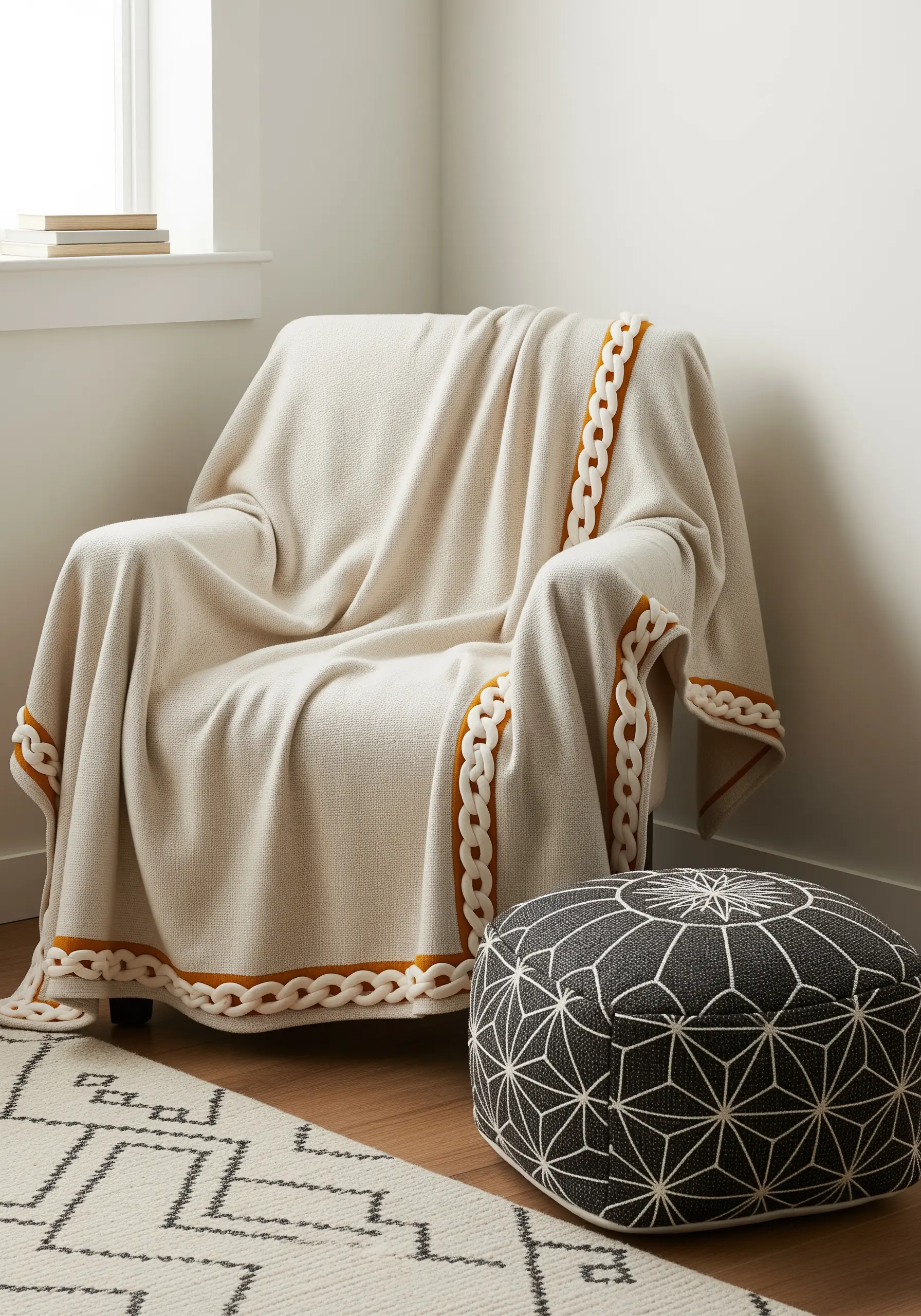 An off-white throw blanket draped over a chair, featuring a chunky, three-dimensional chain border.